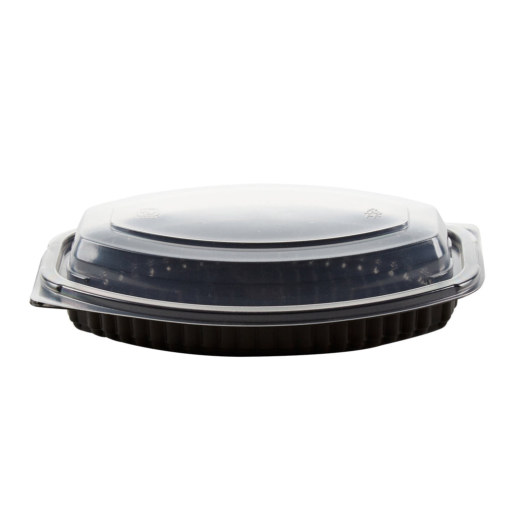 Chef 101 12 oz Oval Black Plastic Food Container - with Clear Lid, Microwavable - 8" x 5 1/2" x 2" - 100 count box