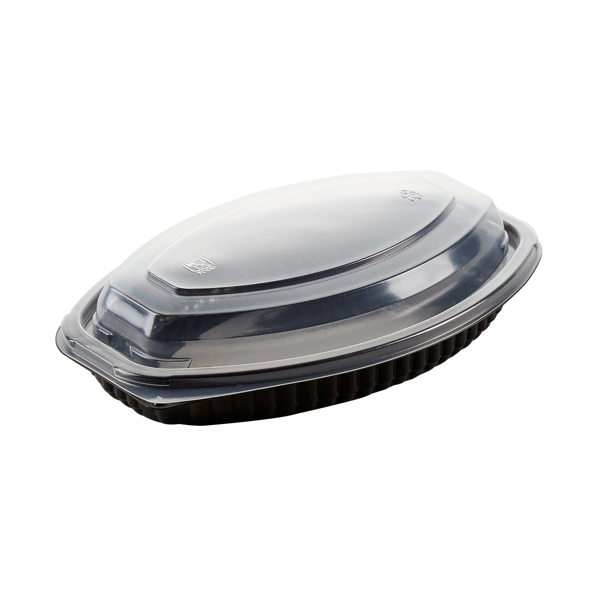 Chef 101 12 oz Oval Black Plastic Food Container - with Clear Lid, Microwavable - 8" x 5 1/2" x 2" - 100 count box