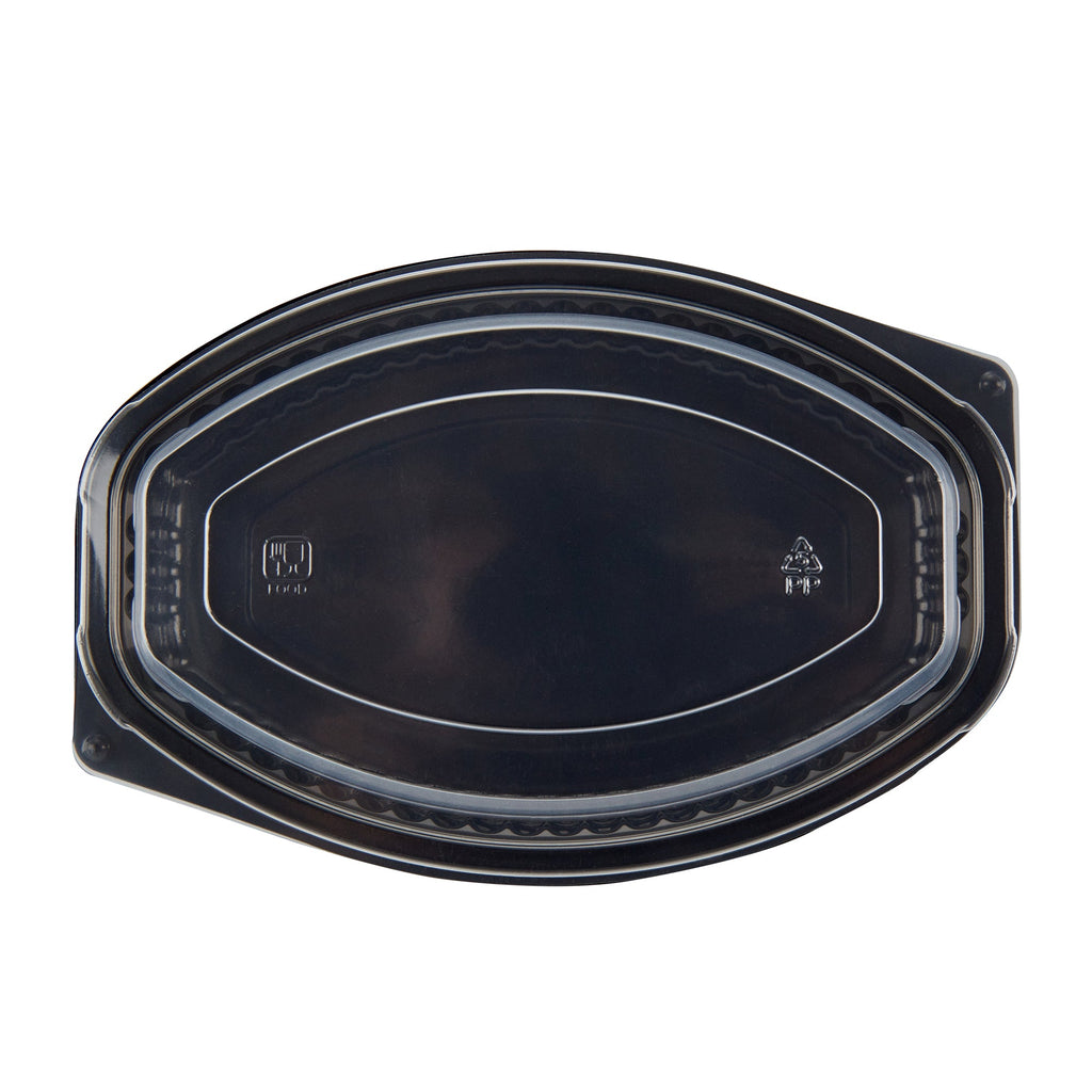 Chef 101 12 oz Oval Black Plastic Food Container - with Clear Lid, Microwavable - 8" x 5 1/2" x 2" - 100 count box