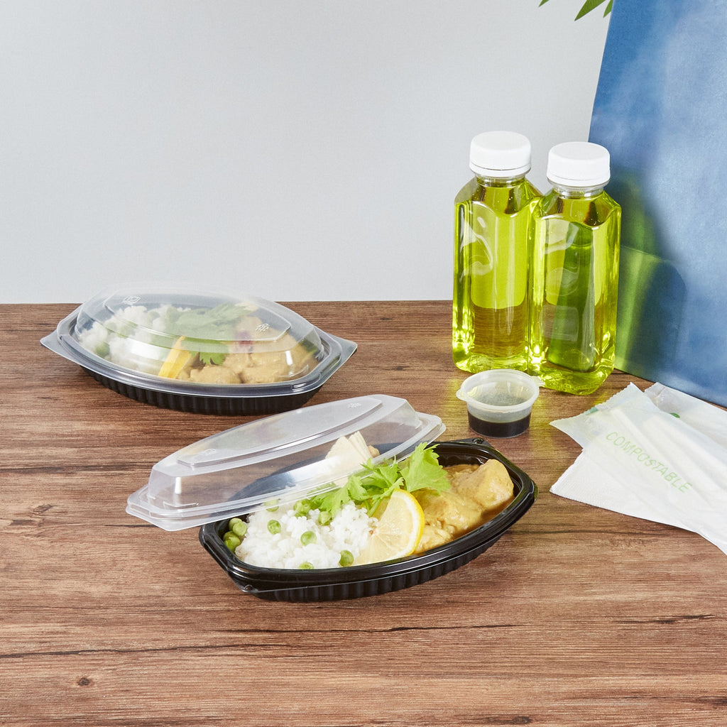 Chef 101 12 oz Oval Black Plastic Food Container - with Clear Lid, Microwavable - 8" x 5 1/2" x 2" - 100 count box