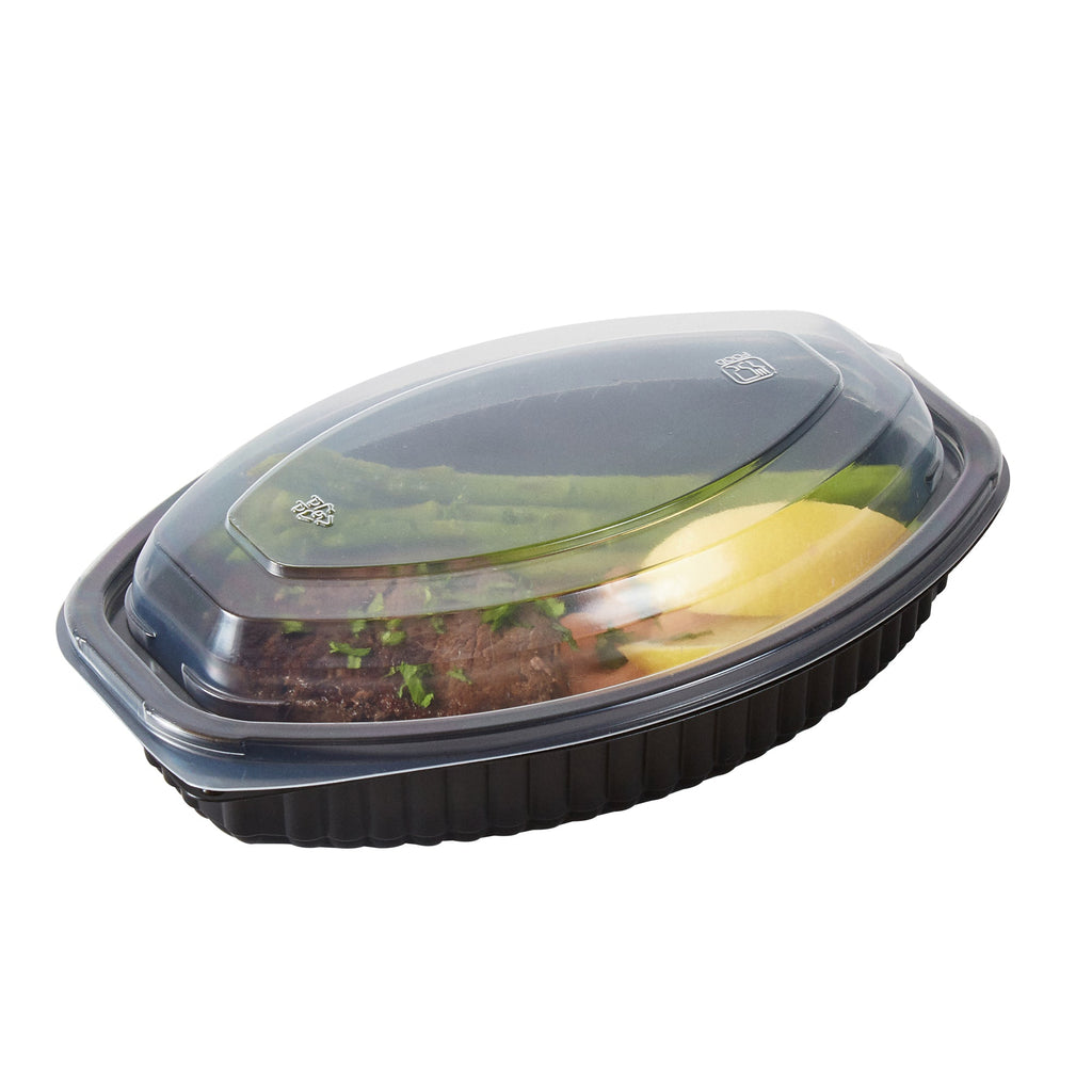 Chef 101 16 oz Oval Black Plastic Food Container - with Clear Lid, Microwavable - 8" x 5 1/2" x 2 1/4" - 100 count box