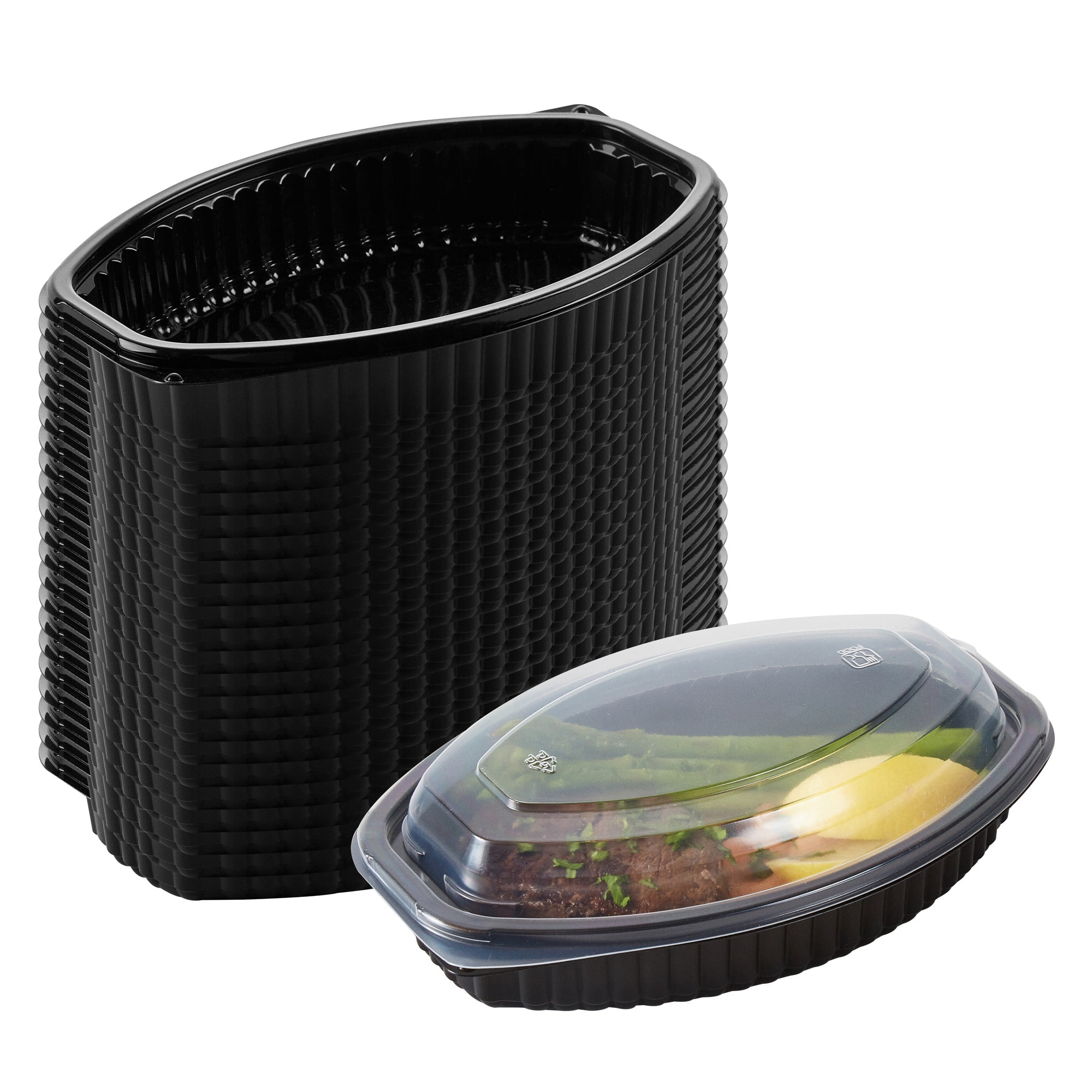 Chef 101 16 oz Oval Black Plastic Food Container - with Clear Lid, Microwavable - 8" x 5 1/2" x 2 1/4" - 100 count box