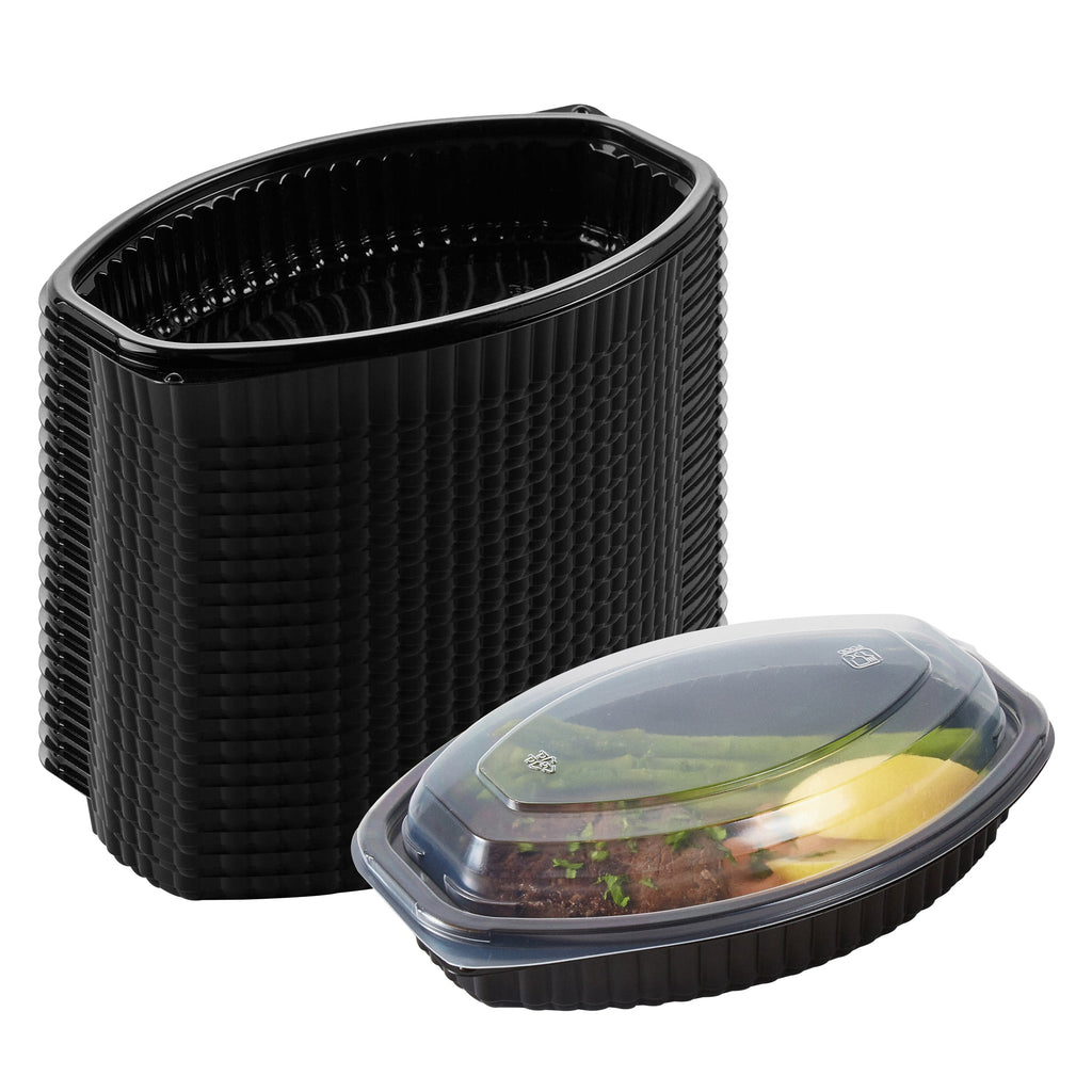 Chef 101 16 oz Oval Black Plastic Food Container - with Clear Lid, Microwavable - 8" x 5 1/2" x 2 1/4" - 50 count box