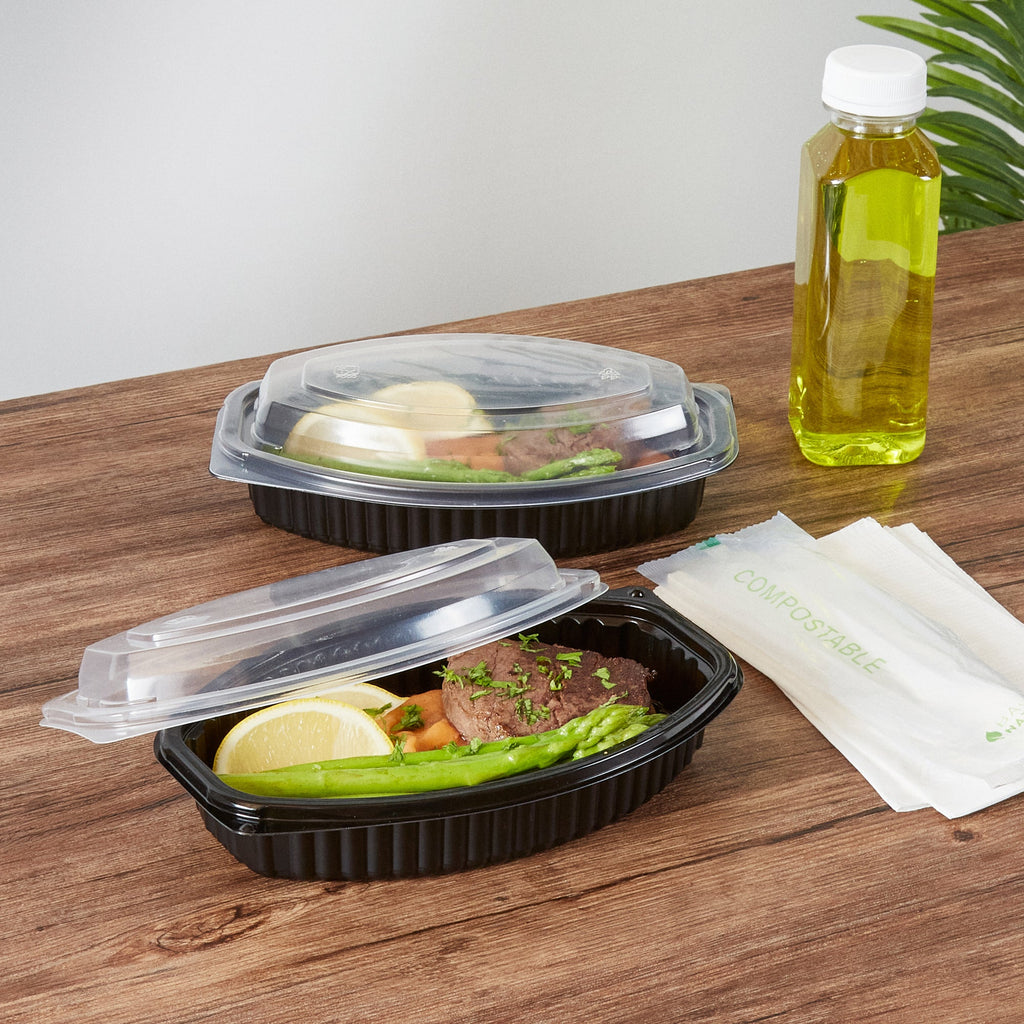 Chef 101 16 oz Oval Black Plastic Food Container - with Clear Lid, Microwavable - 8" x 5 1/2" x 2 1/4" - 50 count box