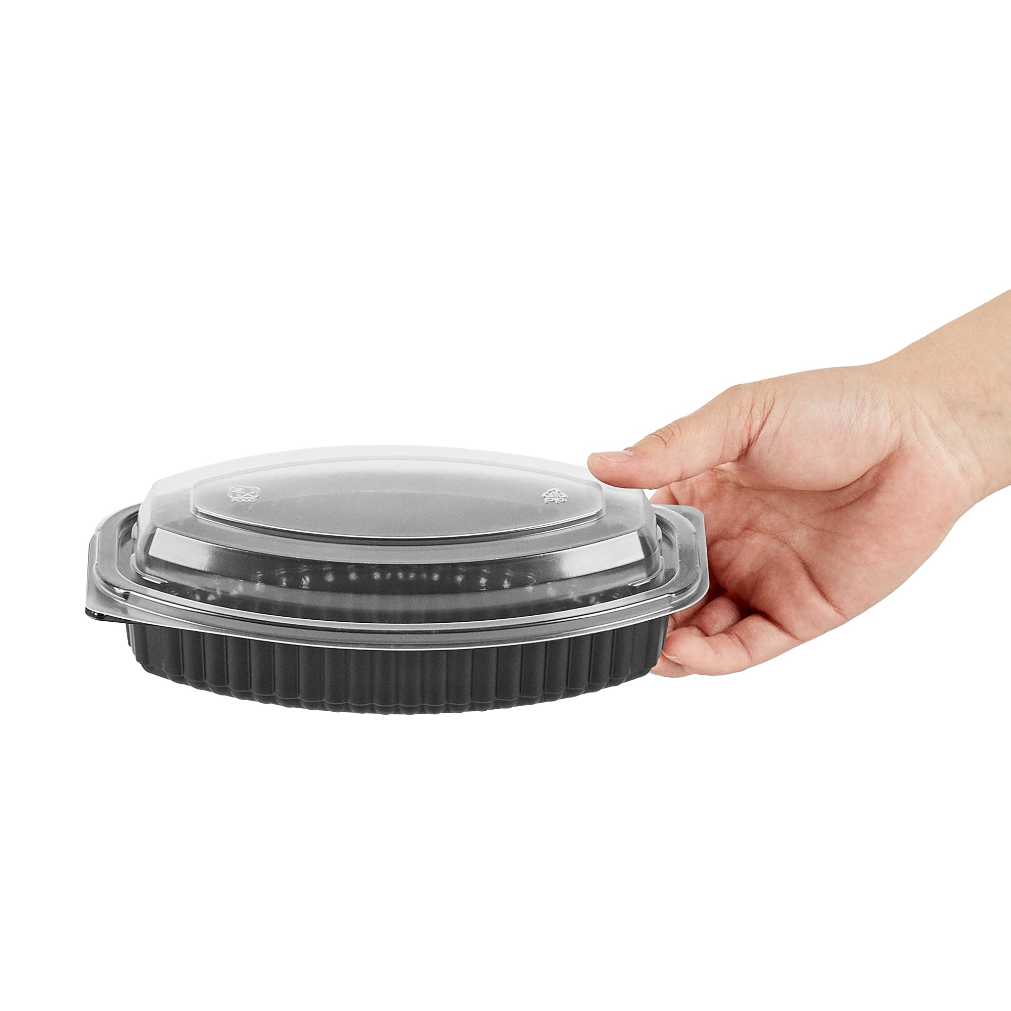 Chef 101 16 oz Oval Black Plastic Food Container - with Clear Lid, Microwavable - 8" x 5 1/2" x 2 1/4" - 50 count box