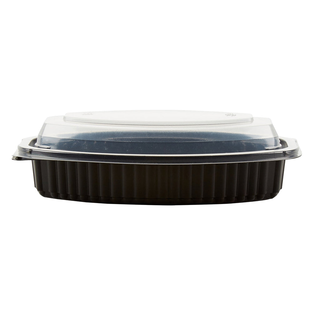 Chef 101 16 oz Oval Black Plastic Food Container - with Clear Lid, Microwavable - 8" x 5 1/2" x 2 1/4" - 50 count box