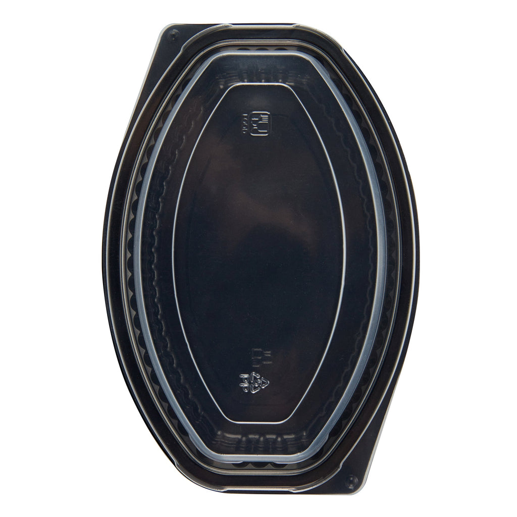 Chef 101 16 oz Oval Black Plastic Food Container - with Clear Lid, Microwavable - 8" x 5 1/2" x 2 1/4" - 50 count box