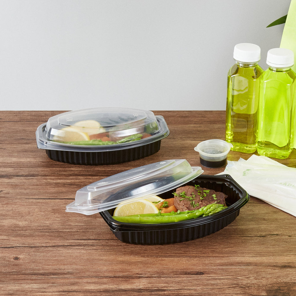 Chef 101 16 oz Oval Black Plastic Food Container - with Clear Lid, Microwavable - 8" x 5 1/2" x 2 1/4" - 50 count box