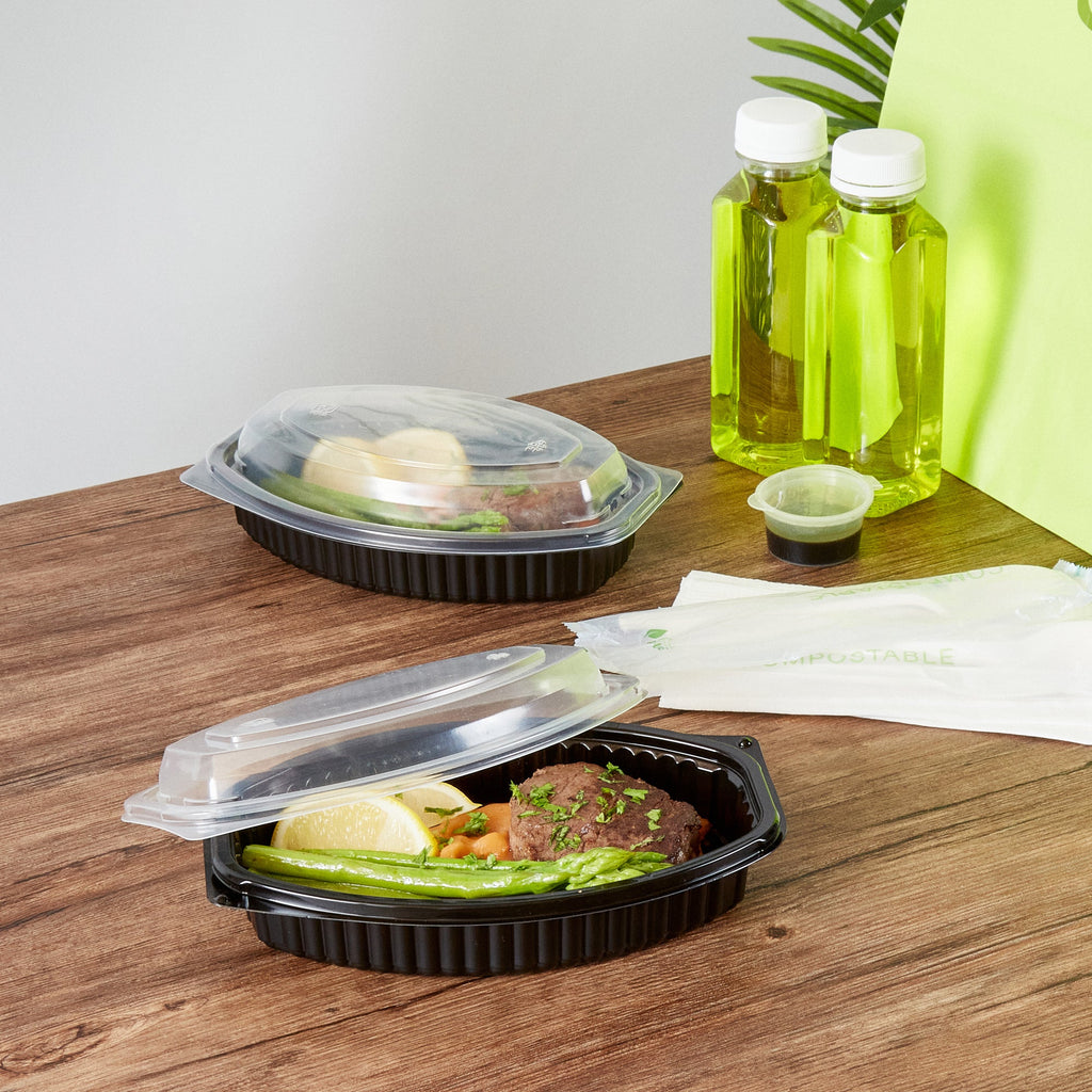 Chef 101 16 oz Oval Black Plastic Food Container - with Clear Lid, Microwavable - 8" x 5 1/2" x 2 1/4" - 50 count box