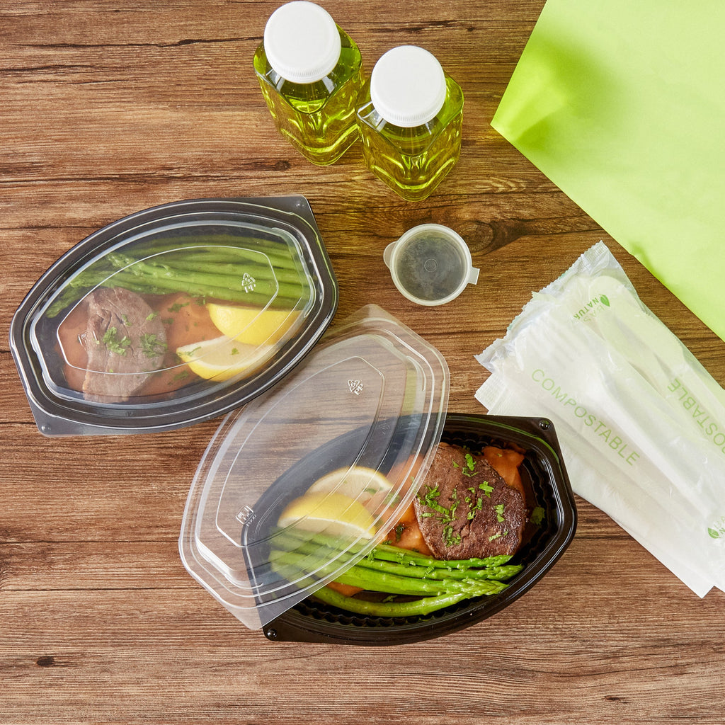 Chef 101 16 oz Oval Black Plastic Food Container - with Clear Lid, Microwavable - 8" x 5 1/2" x 2 1/4" - 50 count box