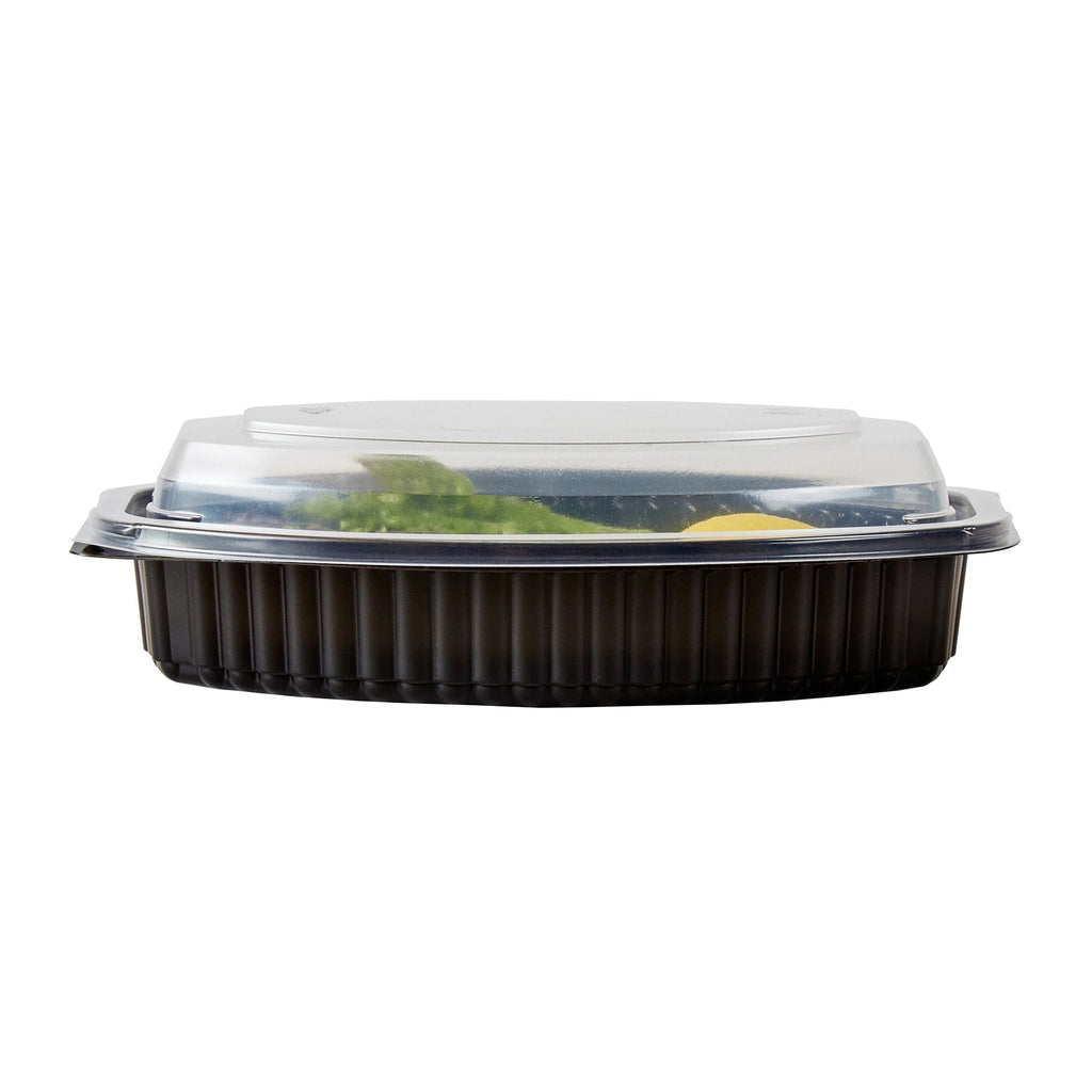 Chef 101 16 oz Oval Black Plastic Food Container - with Clear Lid, Microwavable - 8" x 5 1/2" x 2 1/4" - 100 count box