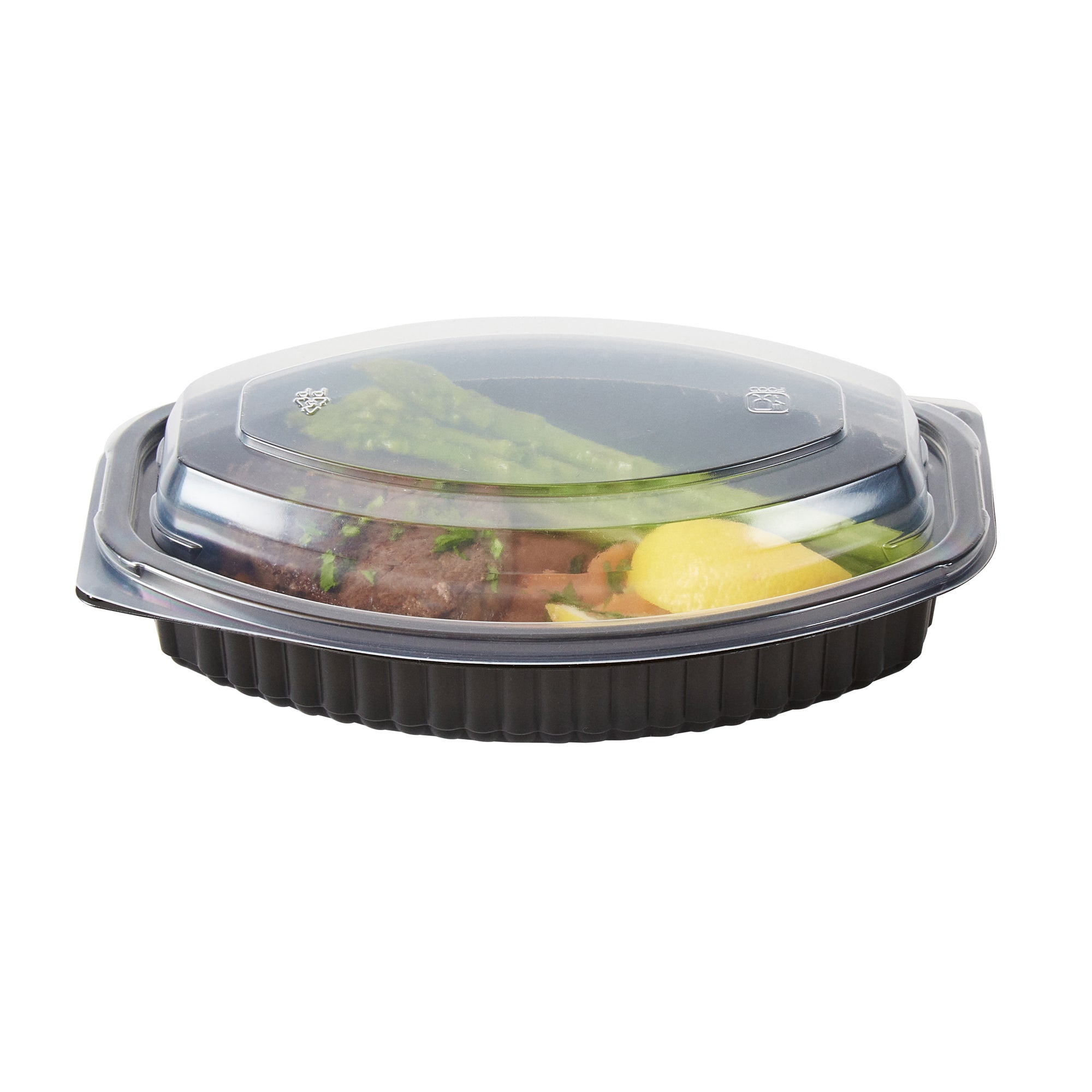 Chef 101 16 oz Oval Black Plastic Food Container - with Clear Lid, Microwavable - 8" x 5 1/2" x 2 1/4" - 100 count box