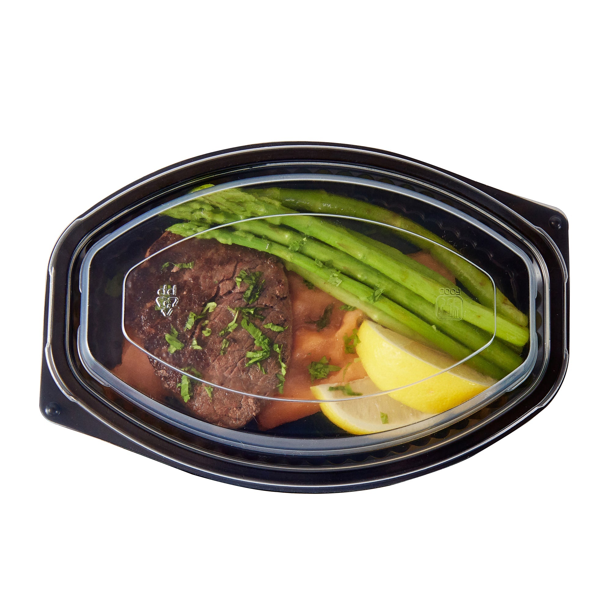 Chef 101 16 oz Oval Black Plastic Food Container - with Clear Lid, Microwavable - 8" x 5 1/2" x 2 1/4" - 100 count box