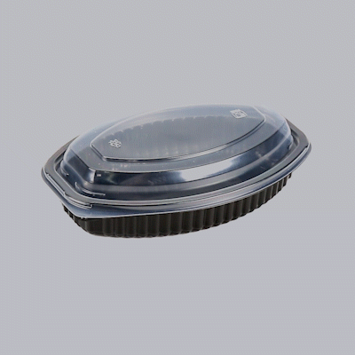 Chef 101 16 oz Oval Black Plastic Food Container - with Clear Lid, Microwavable - 8" x 5 1/2" x 2 1/4" - 100 count box