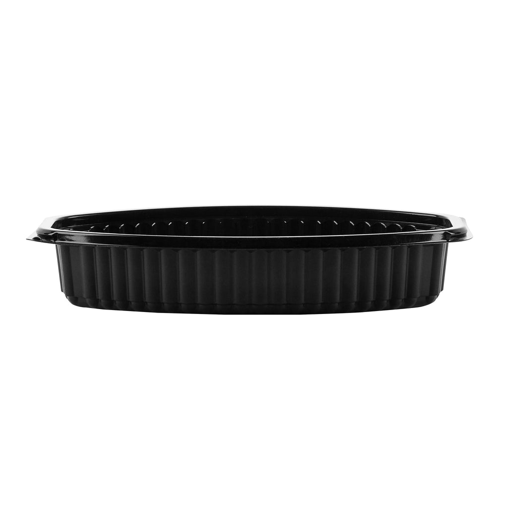Chef 101 16 oz Oval Black Plastic Food Container - with Clear Lid, Microwavable - 8" x 5 1/2" x 2 1/4" - 100 count box