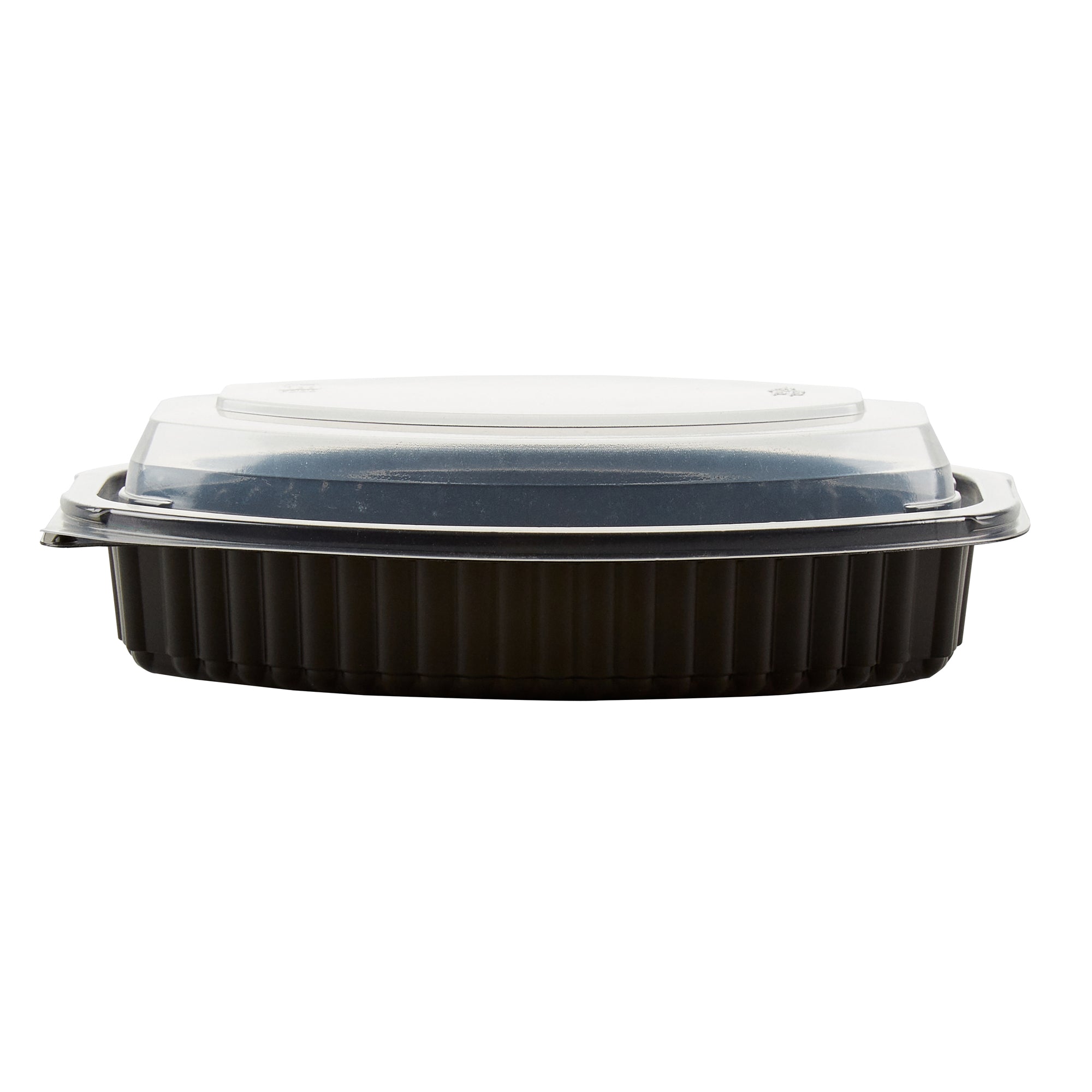 Chef 101 16 oz Oval Black Plastic Food Container - with Clear Lid, Microwavable - 8" x 5 1/2" x 2 1/4" - 100 count box