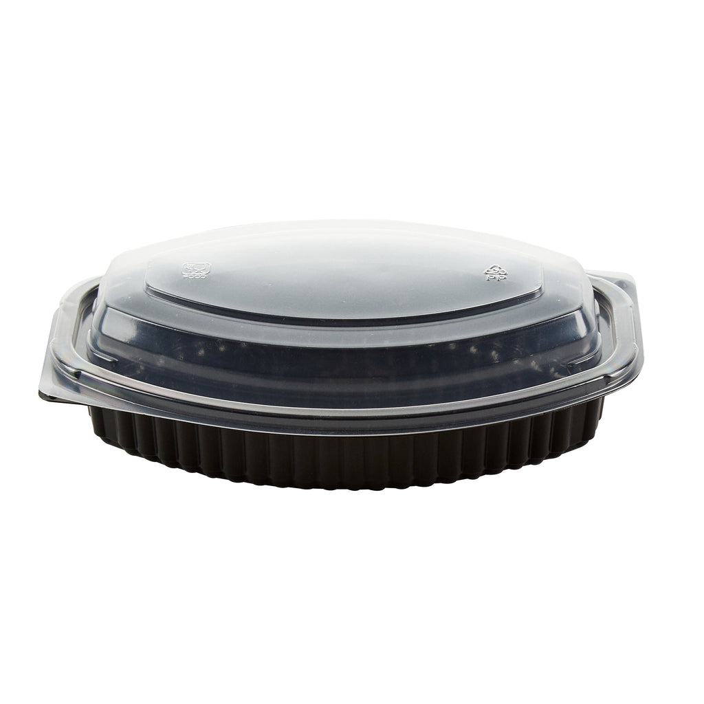 Chef 101 16 oz Oval Black Plastic Food Container - with Clear Lid, Microwavable - 8" x 5 1/2" x 2 1/4" - 100 count box