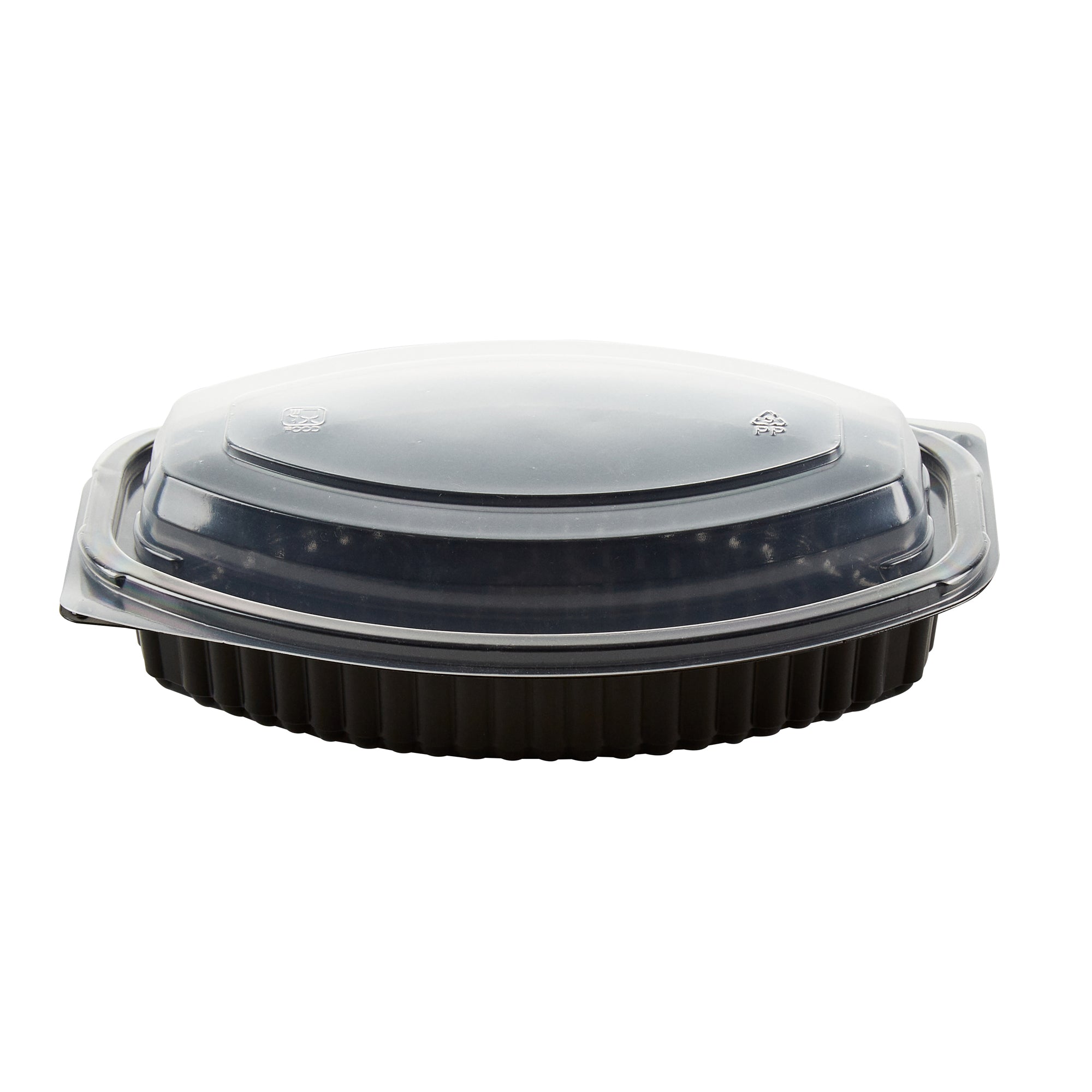 Chef 101 16 oz Oval Black Plastic Food Container - with Clear Lid, Microwavable - 8" x 5 1/2" x 2 1/4" - 100 count box