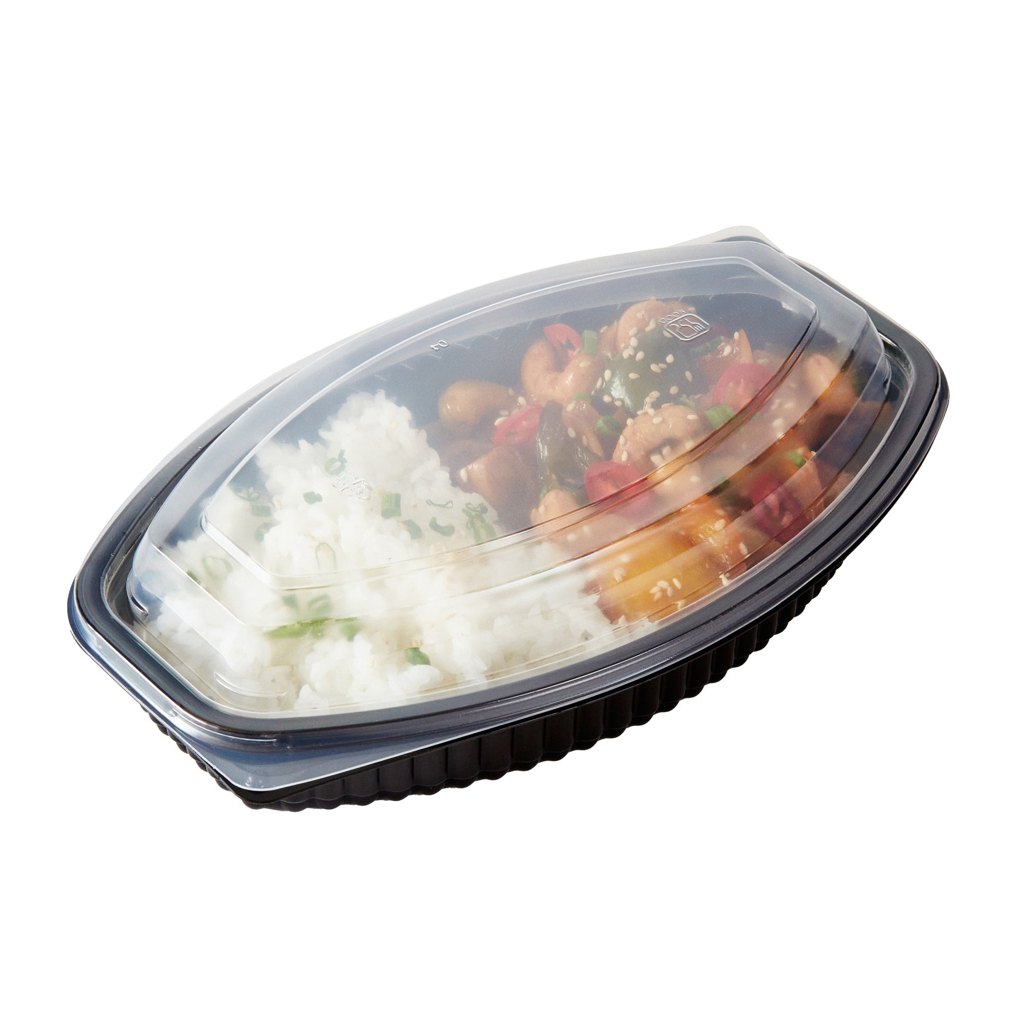 Chef 101 21 oz Oval Black Plastic Food Container - with Clear Lid, Microwavable - 9 1/4" x 5 3/4" x 2 1/4" - 100 count box
