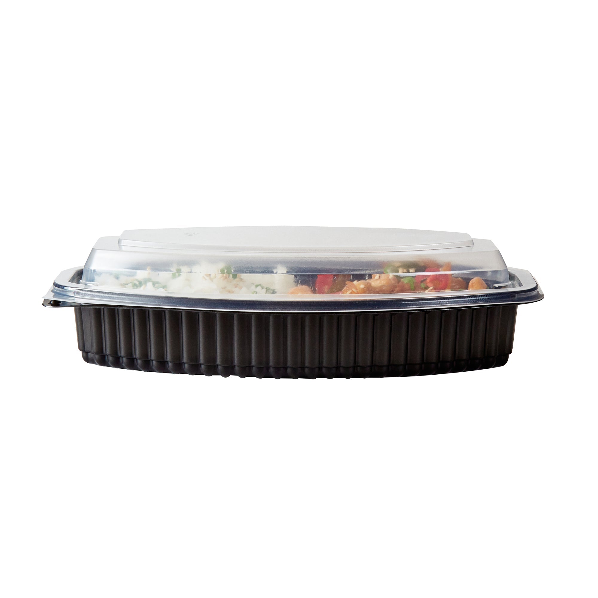 Chef 101 21 oz Oval Black Plastic Food Container - with Clear Lid, Microwavable - 9 1/4" x 5 3/4" x 2 1/4" - 100 count box