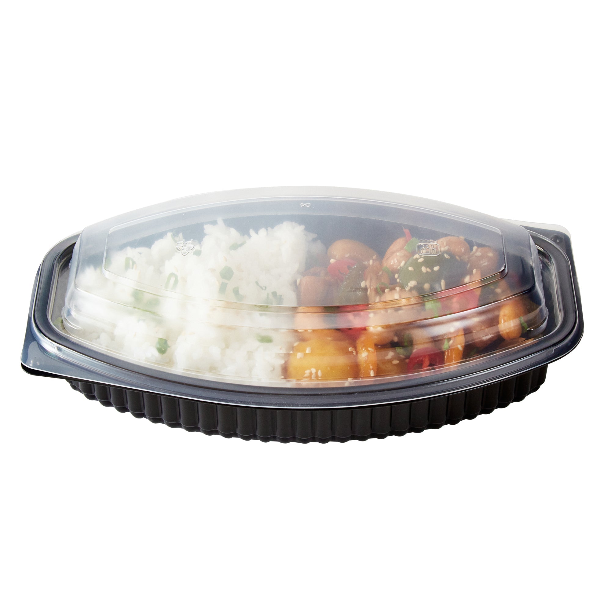 Chef 101 21 oz Oval Black Plastic Food Container - with Clear Lid, Microwavable - 9 1/4" x 5 3/4" x 2 1/4" - 100 count box