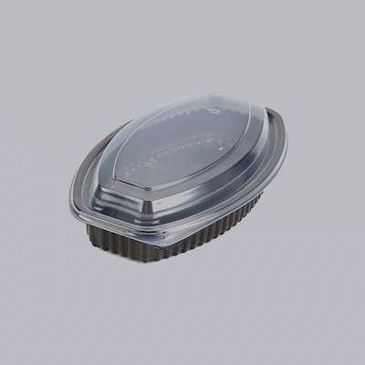 Chef 101 21 oz Oval Black Plastic Food Container - with Clear Lid, Microwavable - 9 1/4" x 5 3/4" x 2 1/4" - 100 count box