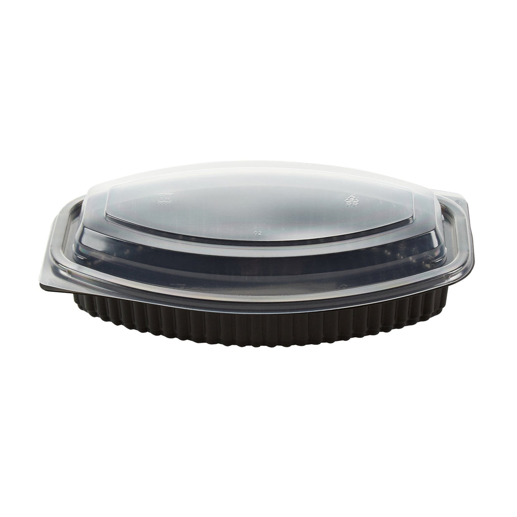 Chef 101 21 oz Oval Black Plastic Food Container - with Clear Lid, Microwavable - 9 1/4" x 5 3/4" x 2 1/4" - 100 count box
