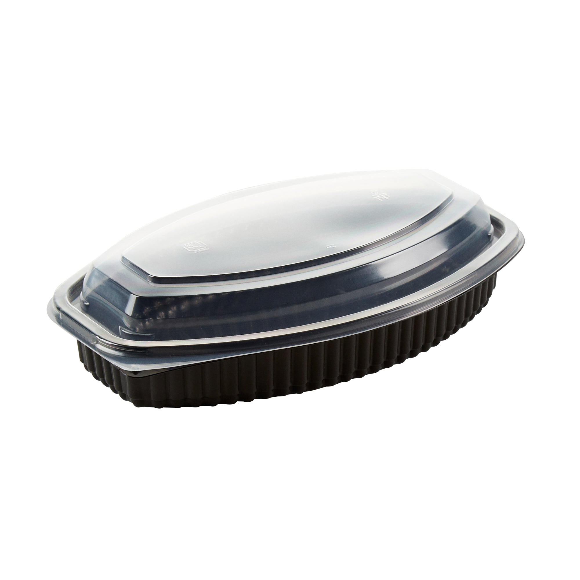 Chef 101 21 oz Oval Black Plastic Food Container - with Clear Lid, Microwavable - 9 1/4" x 5 3/4" x 2 1/4" - 100 count box