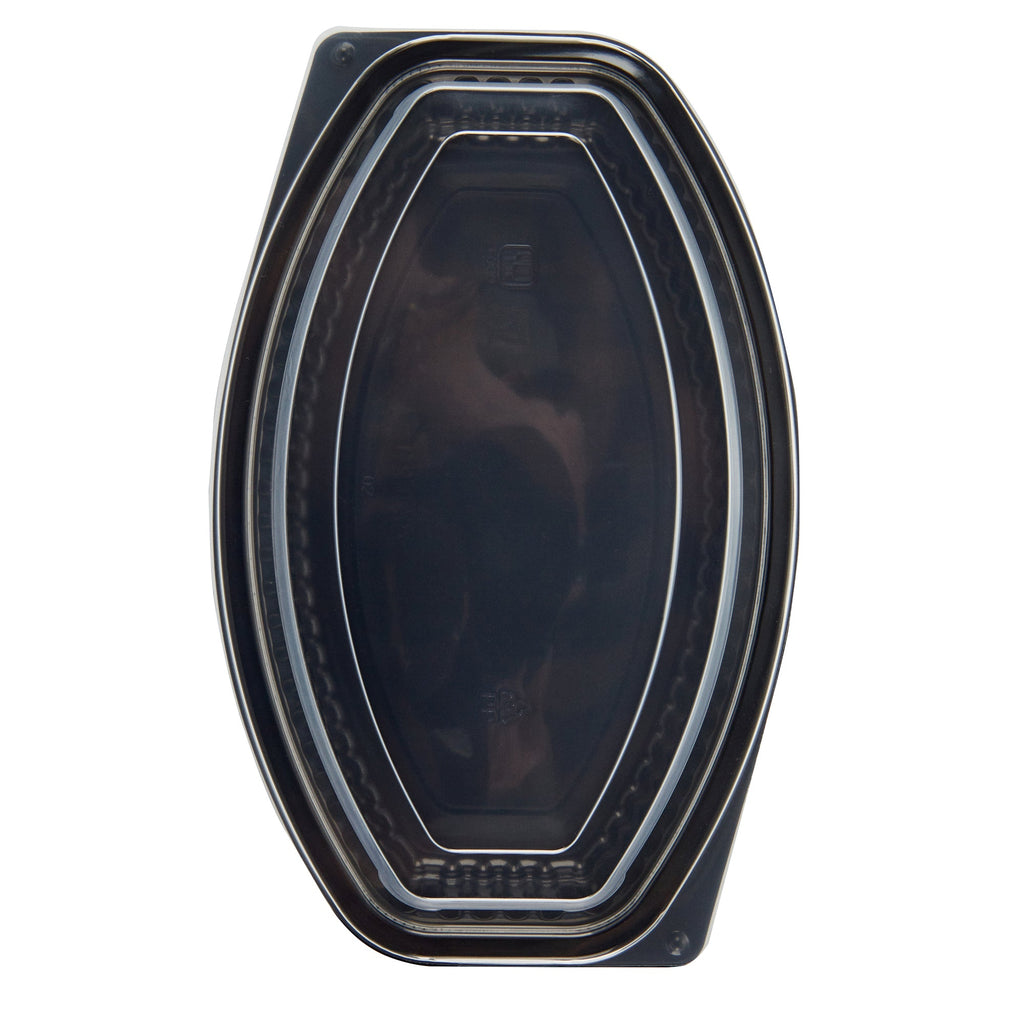 Chef 101 21 oz Oval Black Plastic Food Container - with Clear Lid, Microwavable - 9 1/4" x 5 3/4" x 2 1/4" - 100 count box