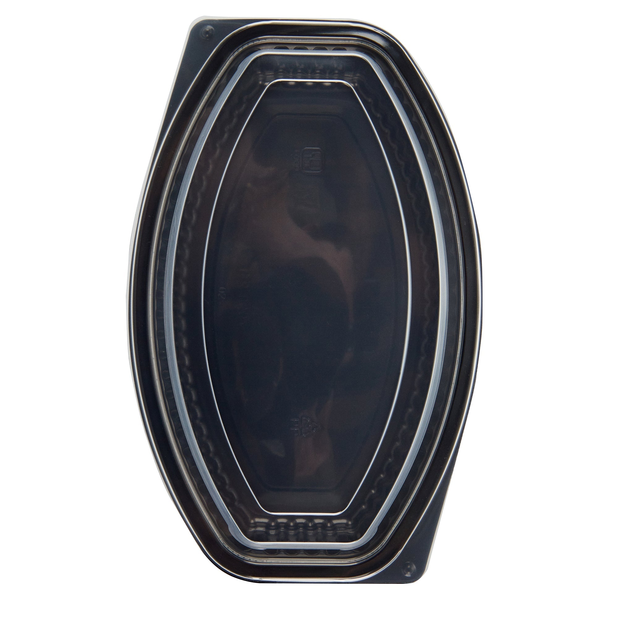 Chef 101 21 oz Oval Black Plastic Food Container - with Clear Lid, Microwavable - 9 1/4" x 5 3/4" x 2 1/4" - 100 count box