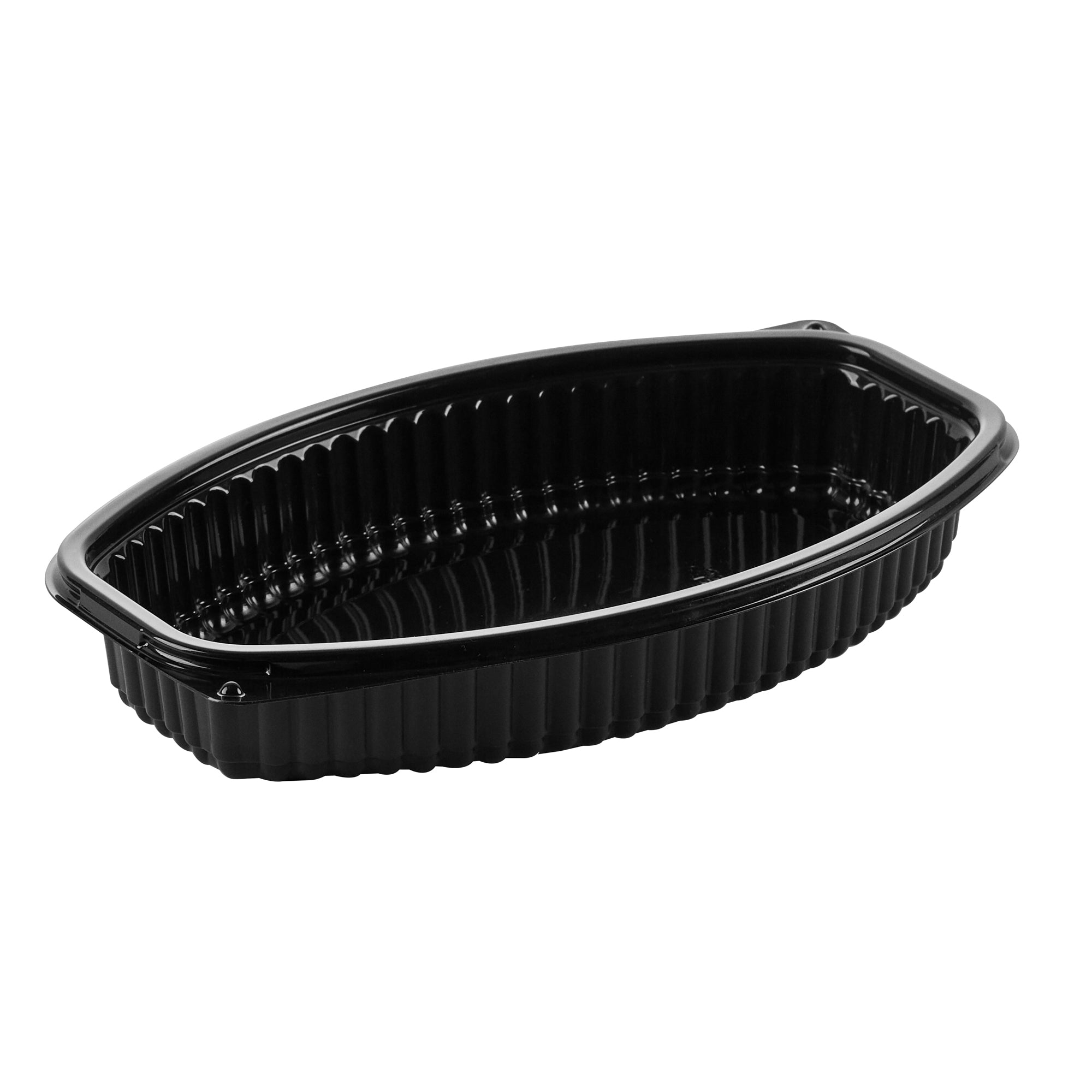 Chef 101 21 oz Oval Black Plastic Food Container - with Clear Lid, Microwavable - 9 1/4" x 5 3/4" x 2 1/4" - 100 count box