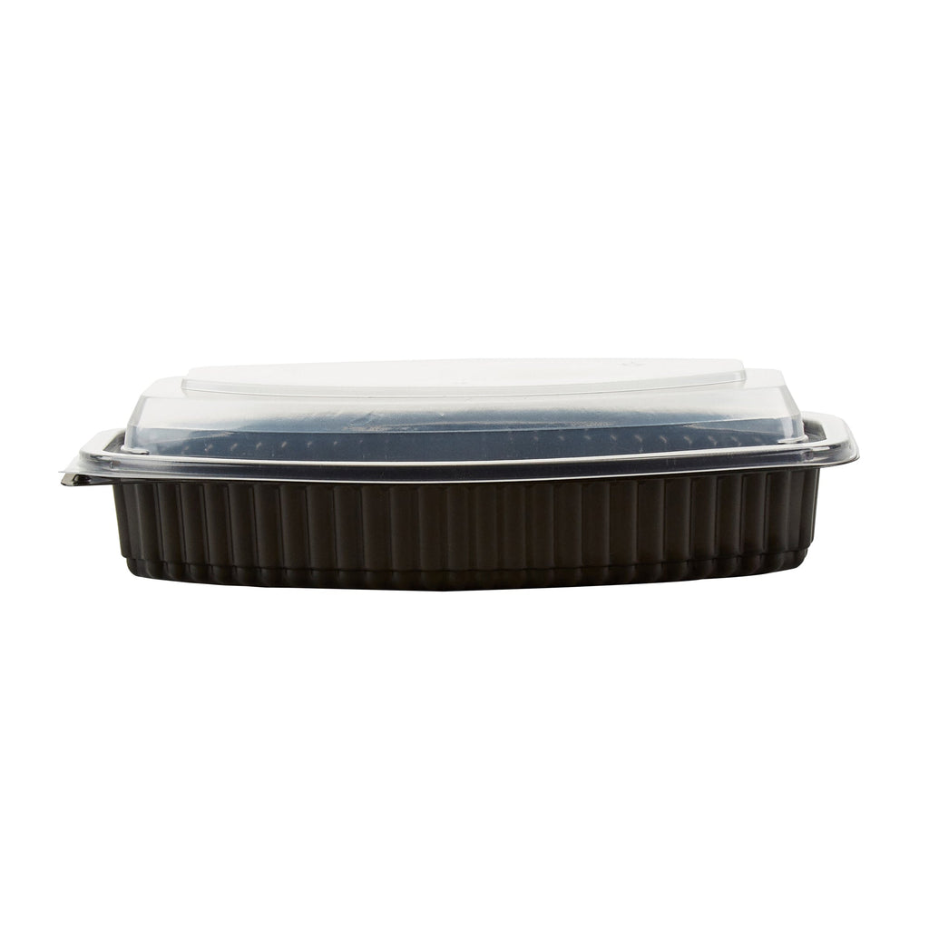 Chef 101 21 oz Oval Black Plastic Food Container - with Clear Lid, Microwavable - 9 1/4" x 5 3/4" x 2 1/4" - 100 count box