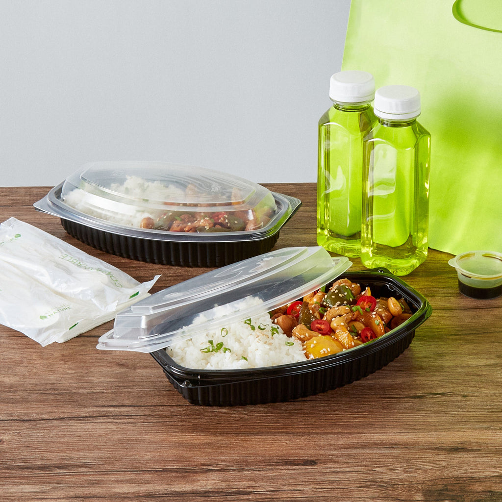 Chef 101 21 oz Oval Black Plastic Food Container - with Clear Lid, Microwavable - 9 1/4" x 5 3/4" x 2 1/4" - 100 count box