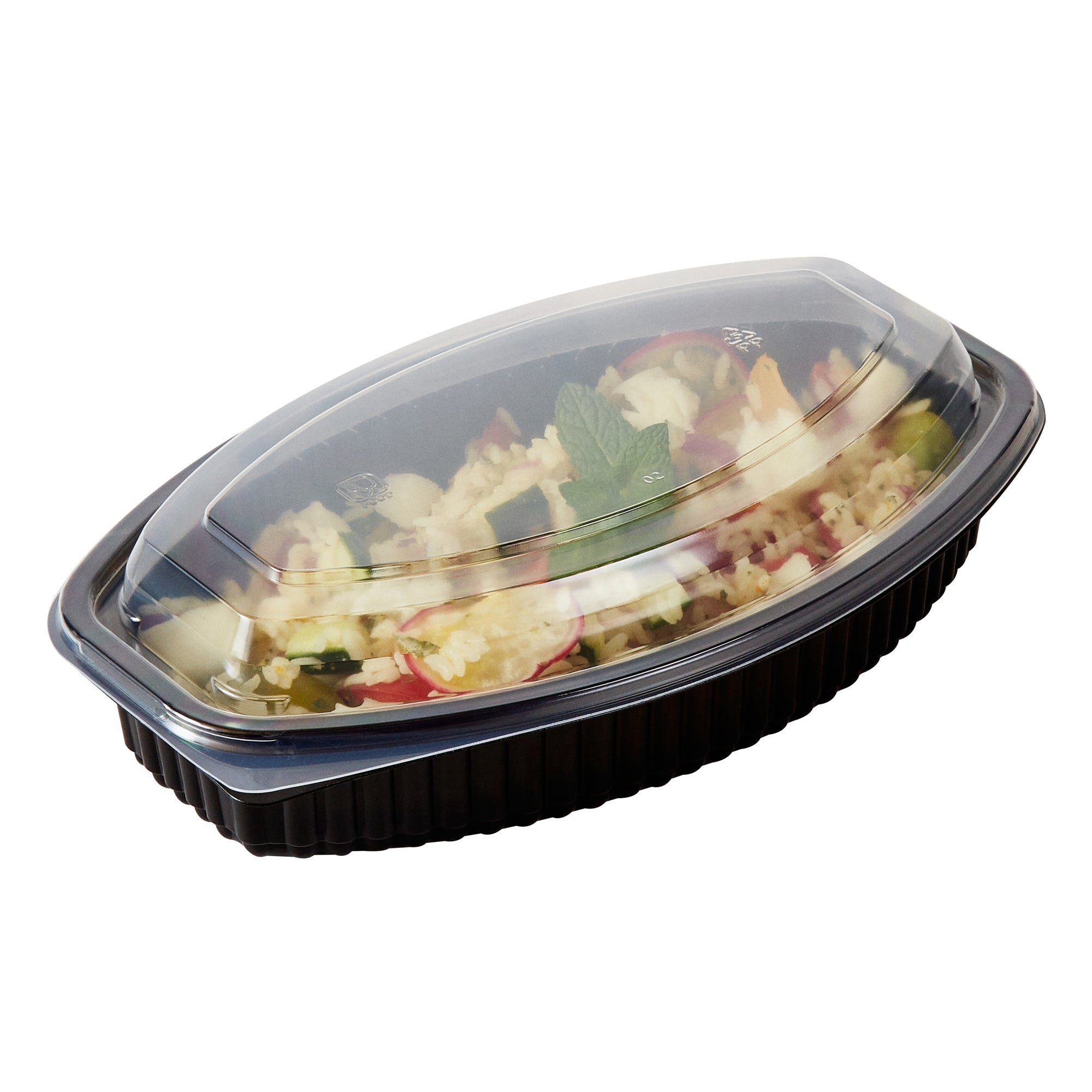 Chef 101 24 oz Oval Black Plastic Food Container - with Clear Lid, Microwavable - 9 1/4" x 5 3/4" x 2 1/2" - 50 count box