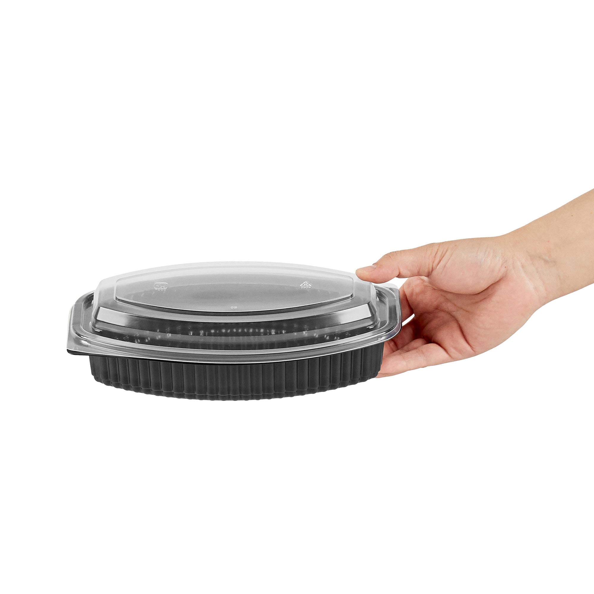 Chef 101 24 oz Oval Black Plastic Food Container - with Clear Lid, Microwavable - 9 1/4" x 5 3/4" x 2 1/2" - 50 count box