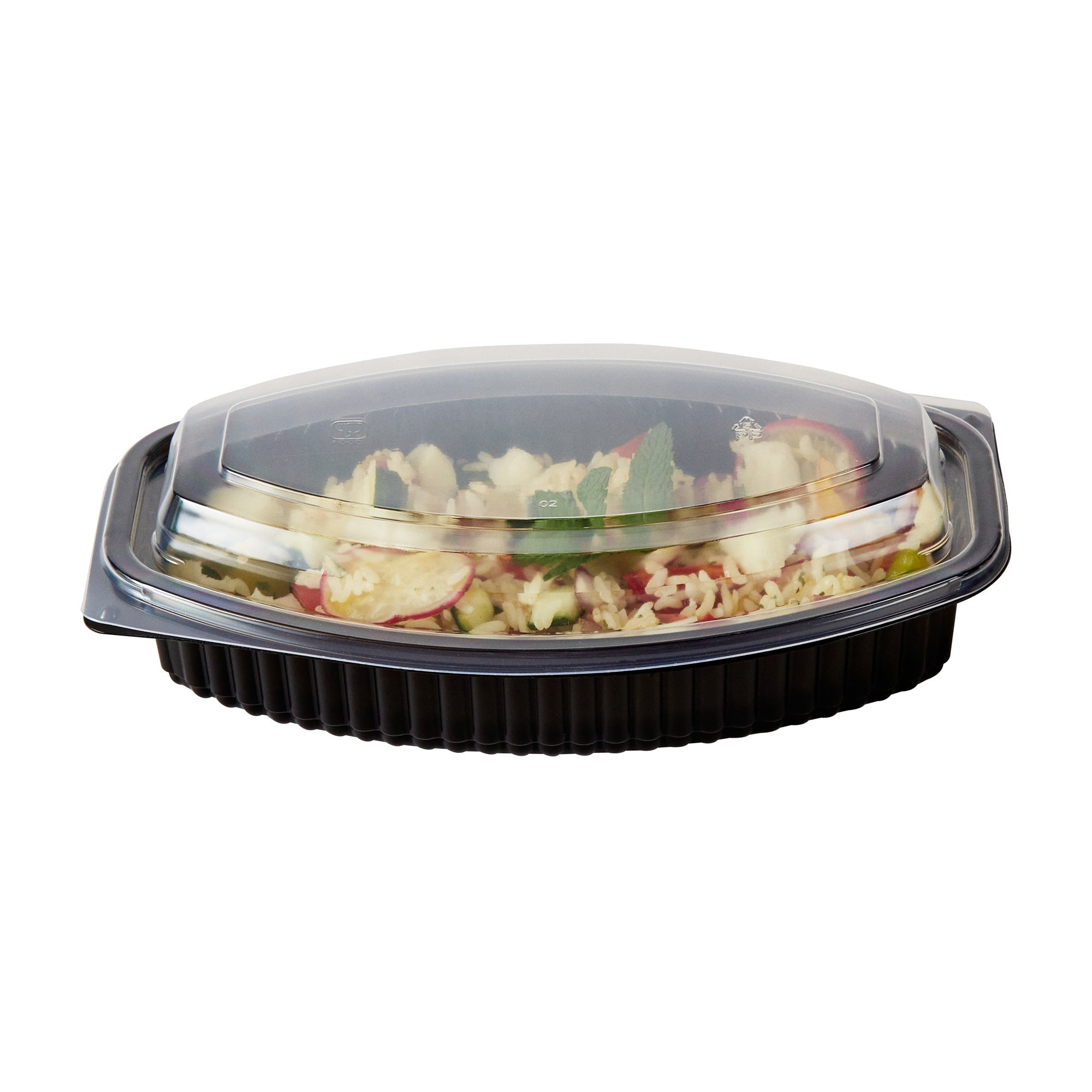 Chef 101 24 oz Oval Black Plastic Food Container - with Clear Lid, Microwavable - 9 1/4" x 5 3/4" x 2 1/2" - 50 count box