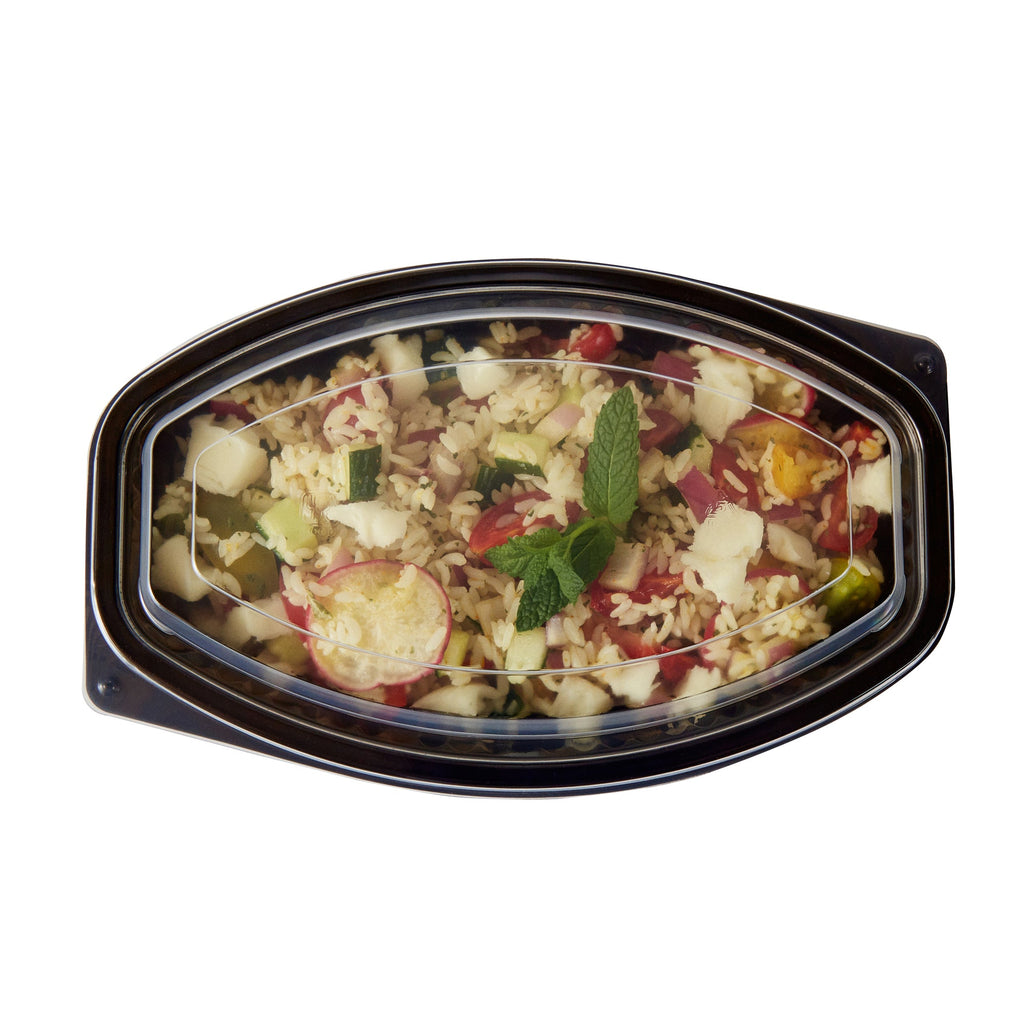 Chef 101 24 oz Oval Black Plastic Food Container - with Clear Lid, Microwavable - 9 1/4" x 5 3/4" x 2 1/2" - 50 count box
