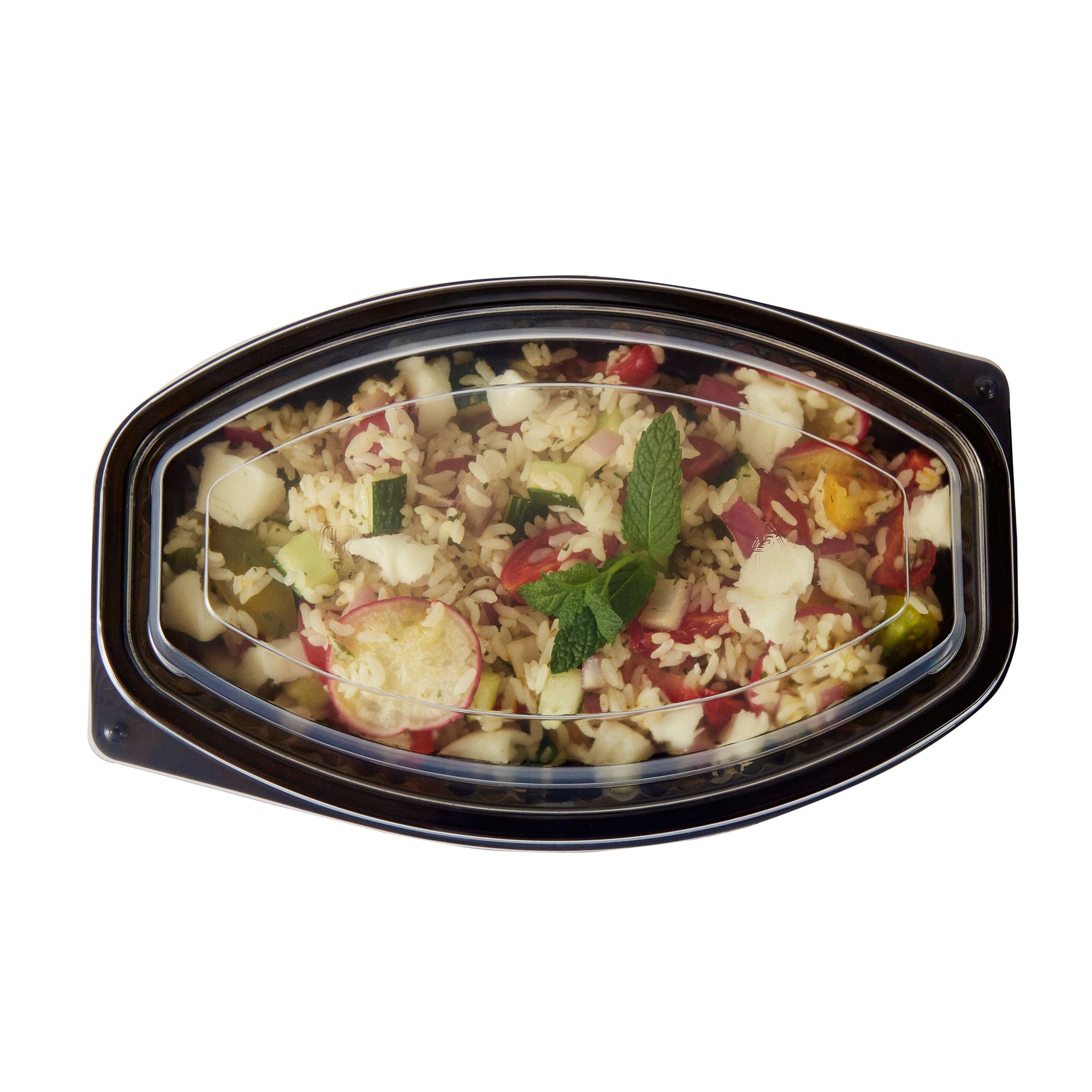 Chef 101 24 oz Oval Black Plastic Food Container - with Clear Lid, Microwavable - 9 1/4" x 5 3/4" x 2 1/2" - 50 count box