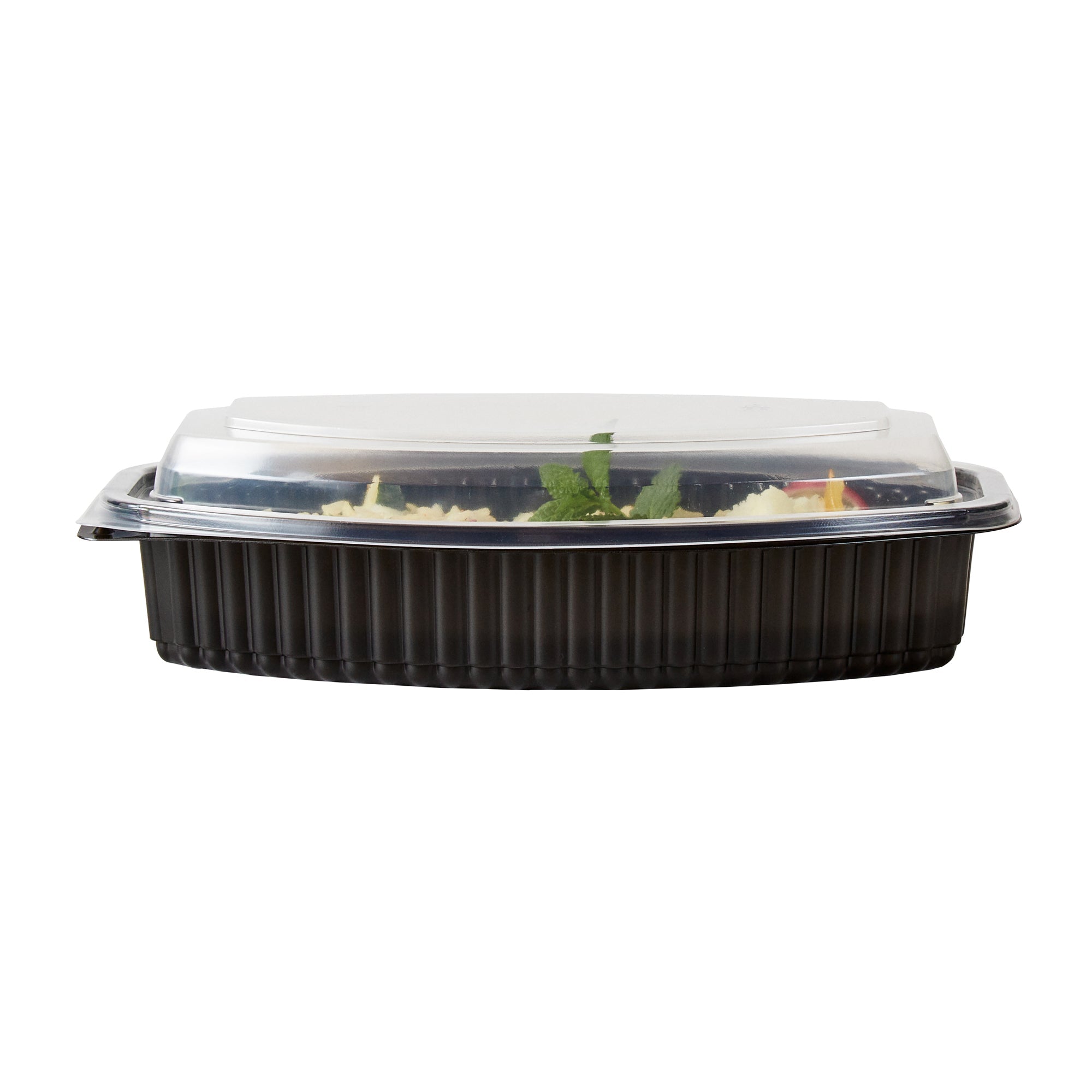 Chef 101 24 oz Oval Black Plastic Food Container - with Clear Lid, Microwavable - 9 1/4" x 5 3/4" x 2 1/2" - 50 count box
