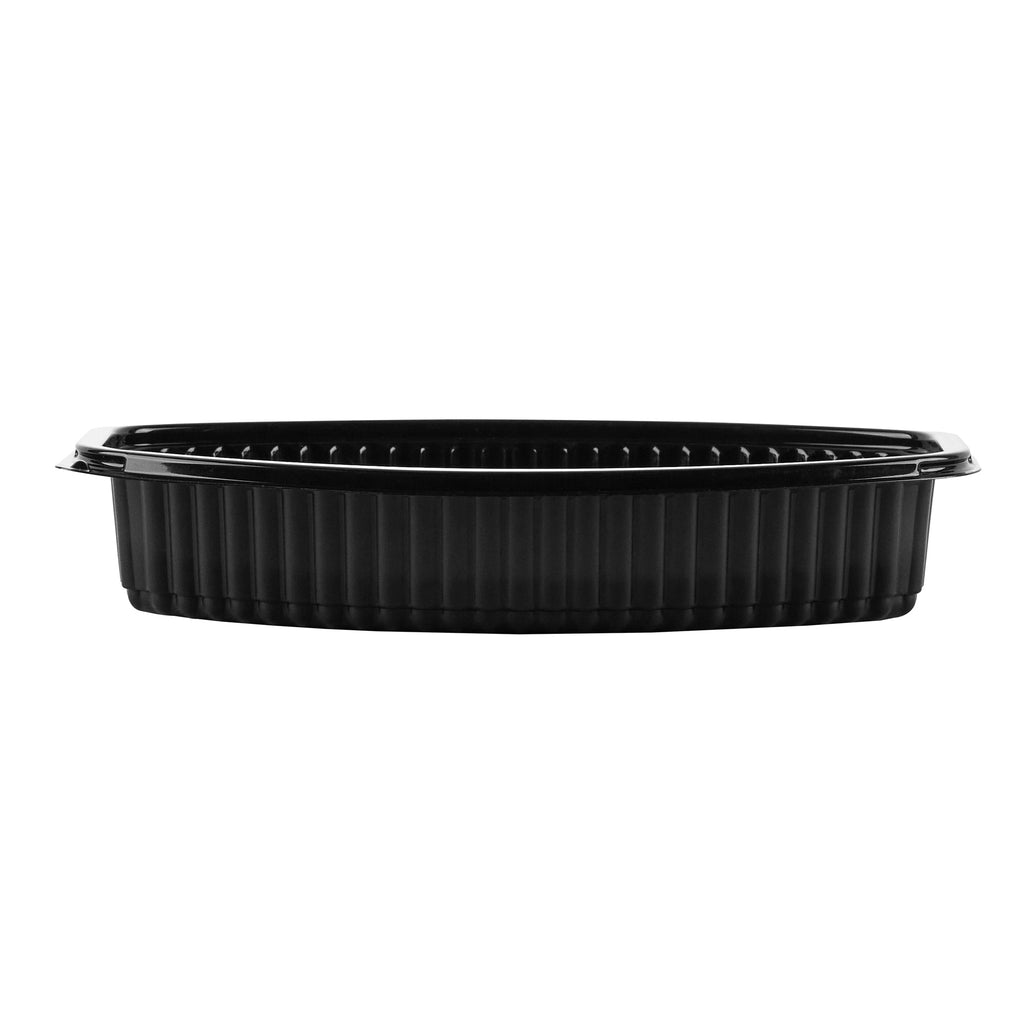 Chef 101 24 oz Oval Black Plastic Food Container - with Clear Lid, Microwavable - 9 1/4" x 5 3/4" x 2 1/2" - 50 count box