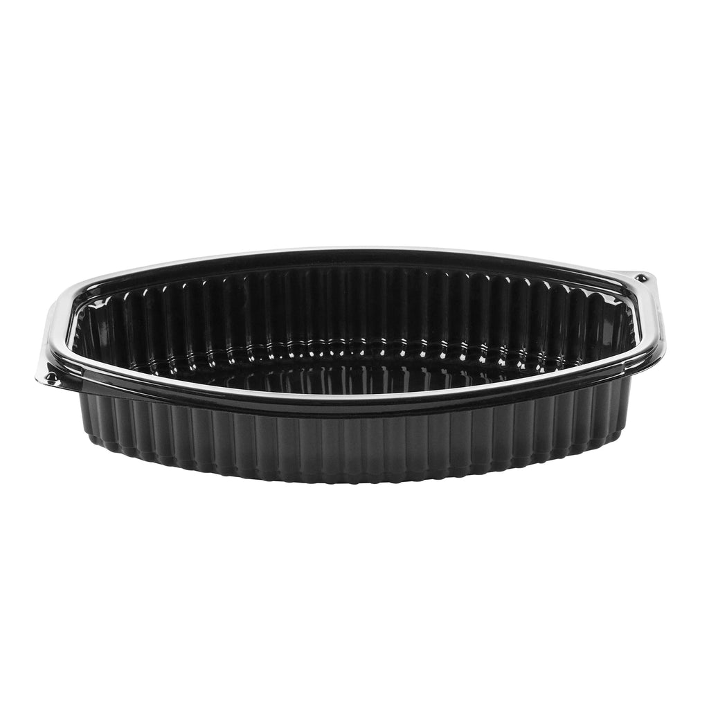 Chef 101 24 oz Oval Black Plastic Food Container - with Clear Lid, Microwavable - 9 1/4" x 5 3/4" x 2 1/2" - 50 count box