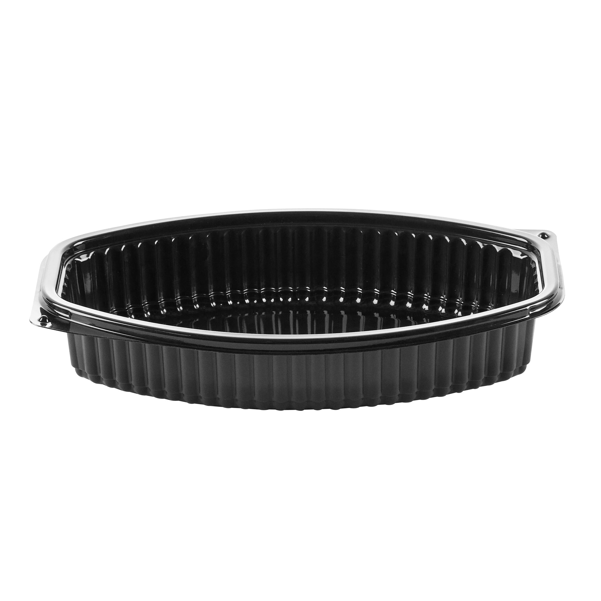 Chef 101 24 oz Oval Black Plastic Food Container - with Clear Lid, Microwavable - 9 1/4" x 5 3/4" x 2 1/2" - 50 count box