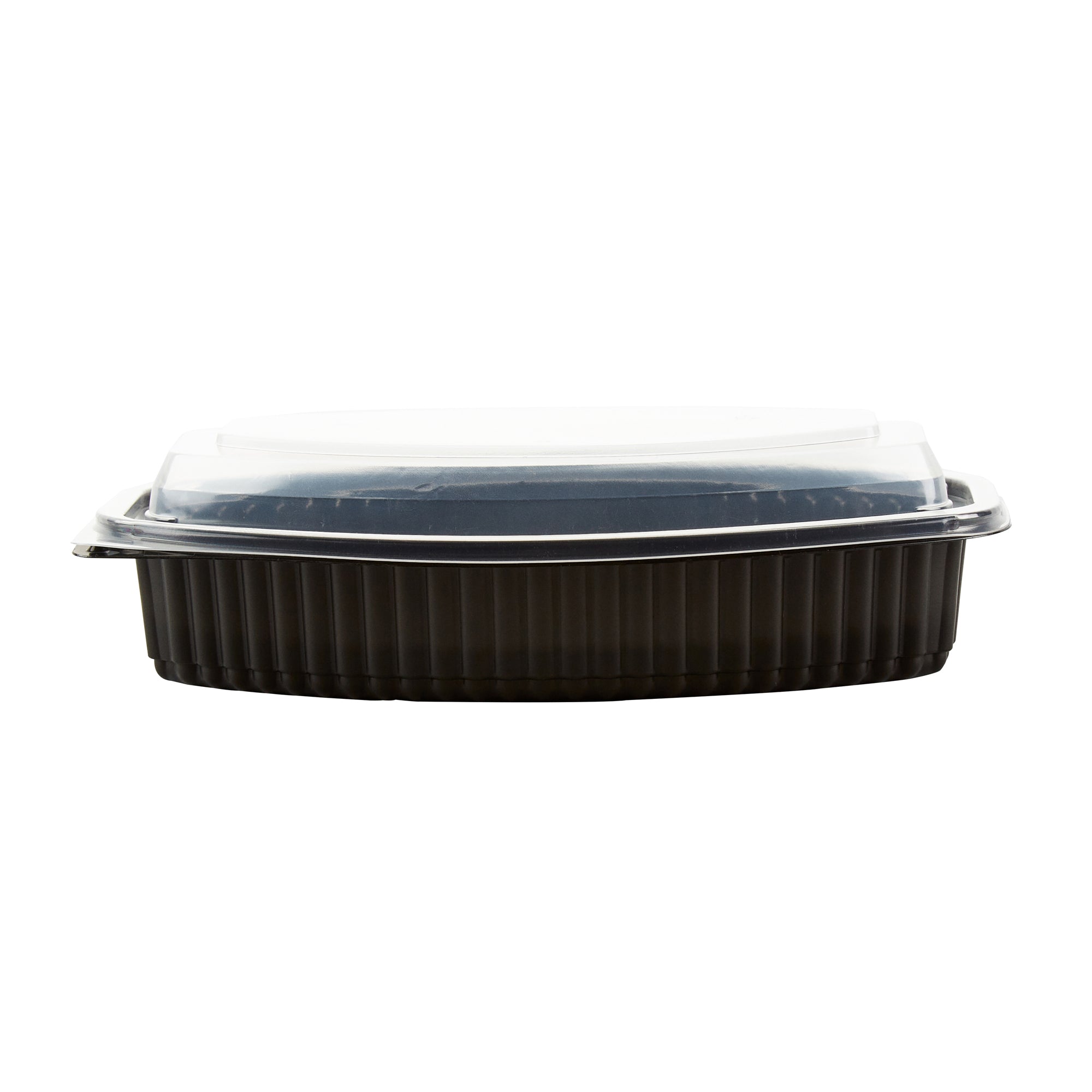Chef 101 24 oz Oval Black Plastic Food Container - with Clear Lid, Microwavable - 9 1/4" x 5 3/4" x 2 1/2" - 50 count box