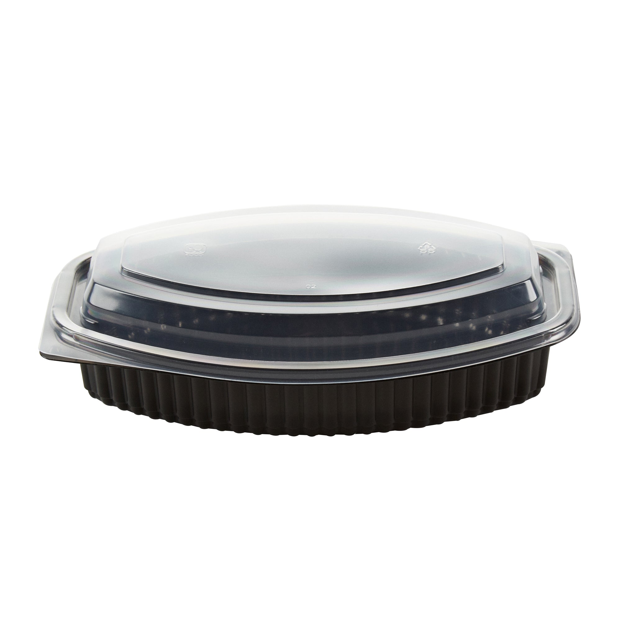 Chef 101 24 oz Oval Black Plastic Food Container - with Clear Lid, Microwavable - 9 1/4" x 5 3/4" x 2 1/2" - 50 count box