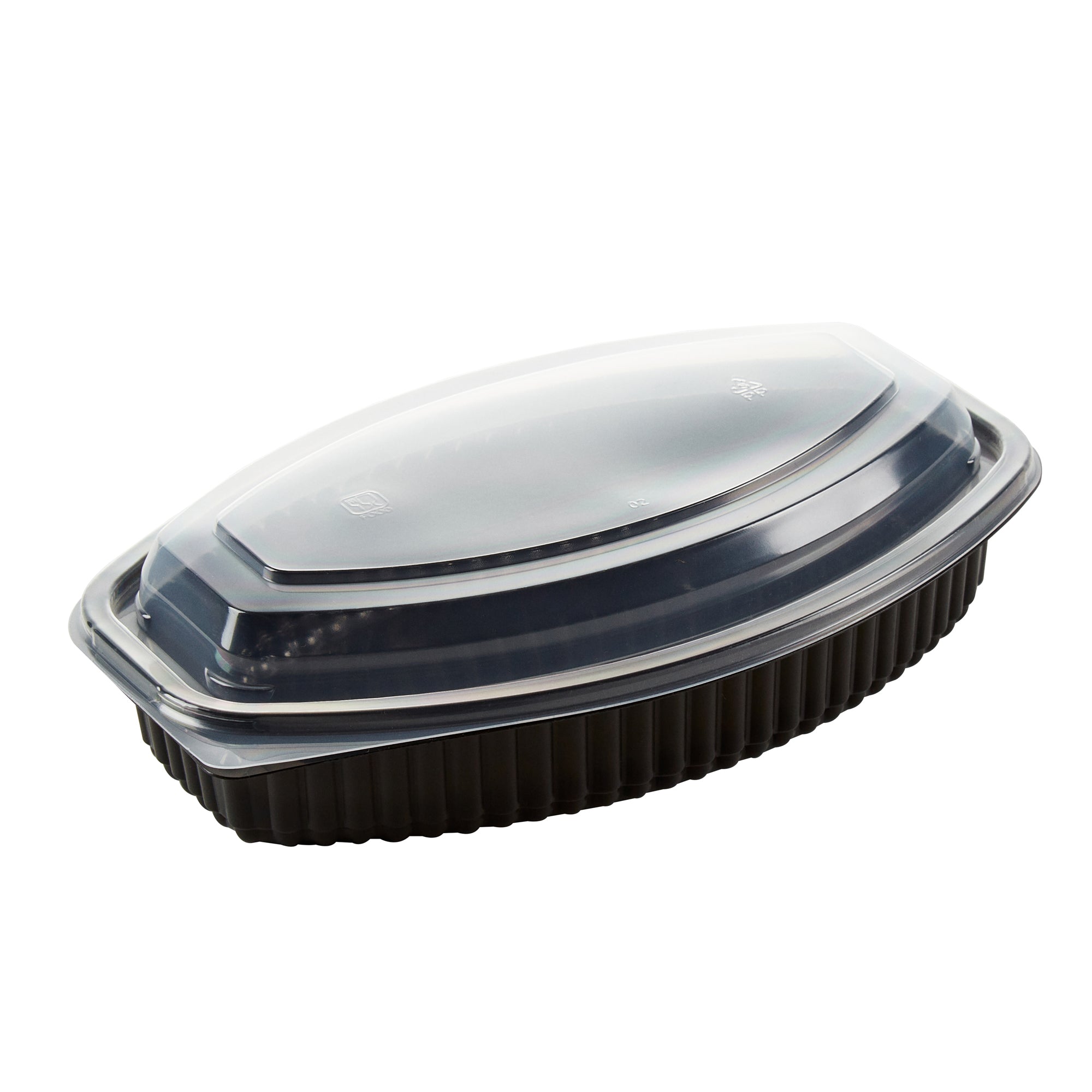 Chef 101 24 oz Oval Black Plastic Food Container - with Clear Lid, Microwavable - 9 1/4" x 5 3/4" x 2 1/2" - 50 count box
