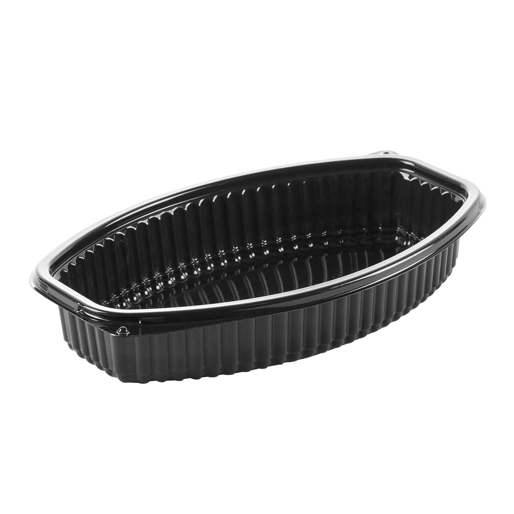 Chef 101 24 oz Oval Black Plastic Food Container - with Clear Lid, Microwavable - 9 1/4" x 5 3/4" x 2 1/2" - 100 count box