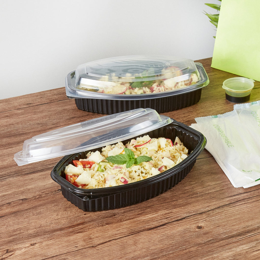 Chef 101 24 oz Oval Black Plastic Food Container - with Clear Lid, Microwavable - 9 1/4" x 5 3/4" x 2 1/2" - 100 count box