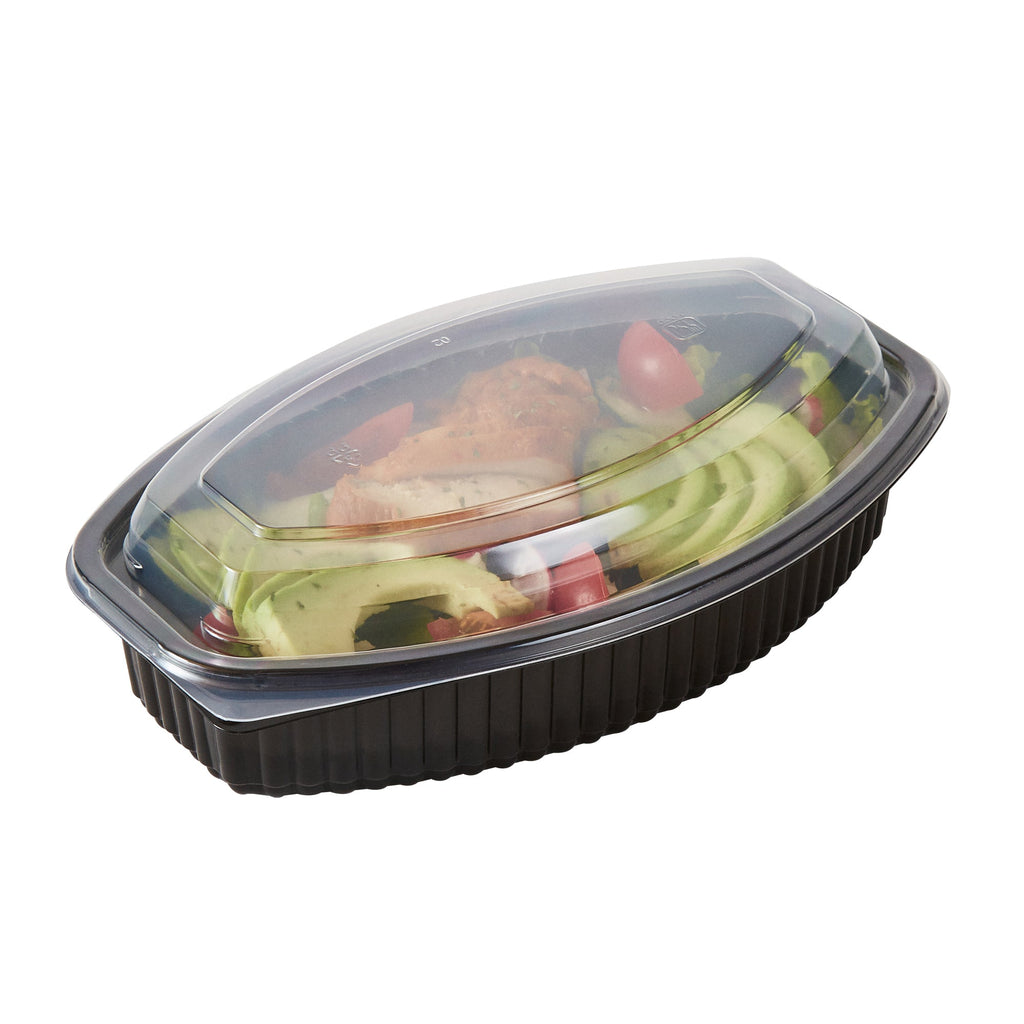 Chef 101 28 oz Oval Black Plastic Food Container - with Clear Lid, Microwavable - 9 1/4" x 5 3/4" x 2 3/4" - 100 count box