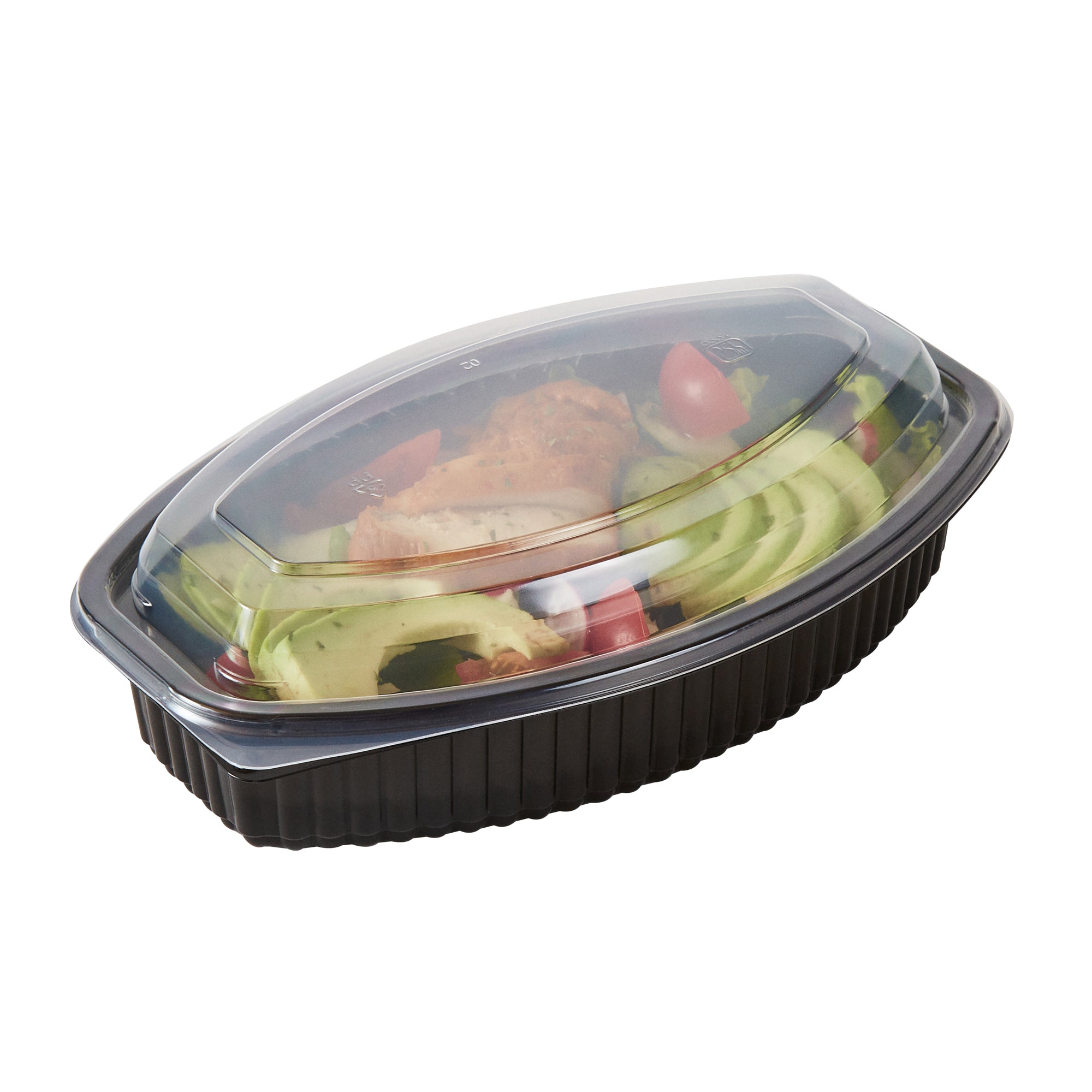 Chef 101 28 oz Oval Black Plastic Food Container - with Clear Lid, Microwavable - 9 1/4" x 5 3/4" x 2 3/4" - 100 count box