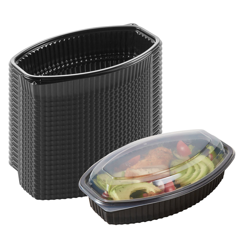 Chef 101 28 oz Oval Black Plastic Food Container - with Clear Lid, Microwavable - 9 1/4" x 5 3/4" x 2 3/4" - 100 count box